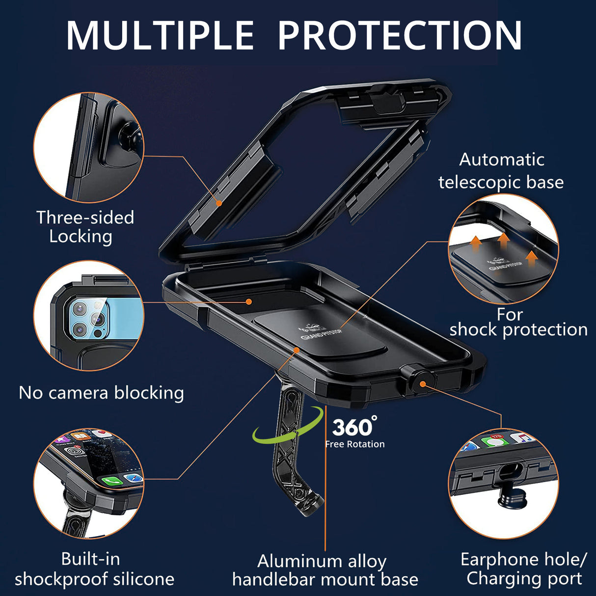 Waterproof Mobile Holder Mirror Mount with 15W Wireless Charger - Black