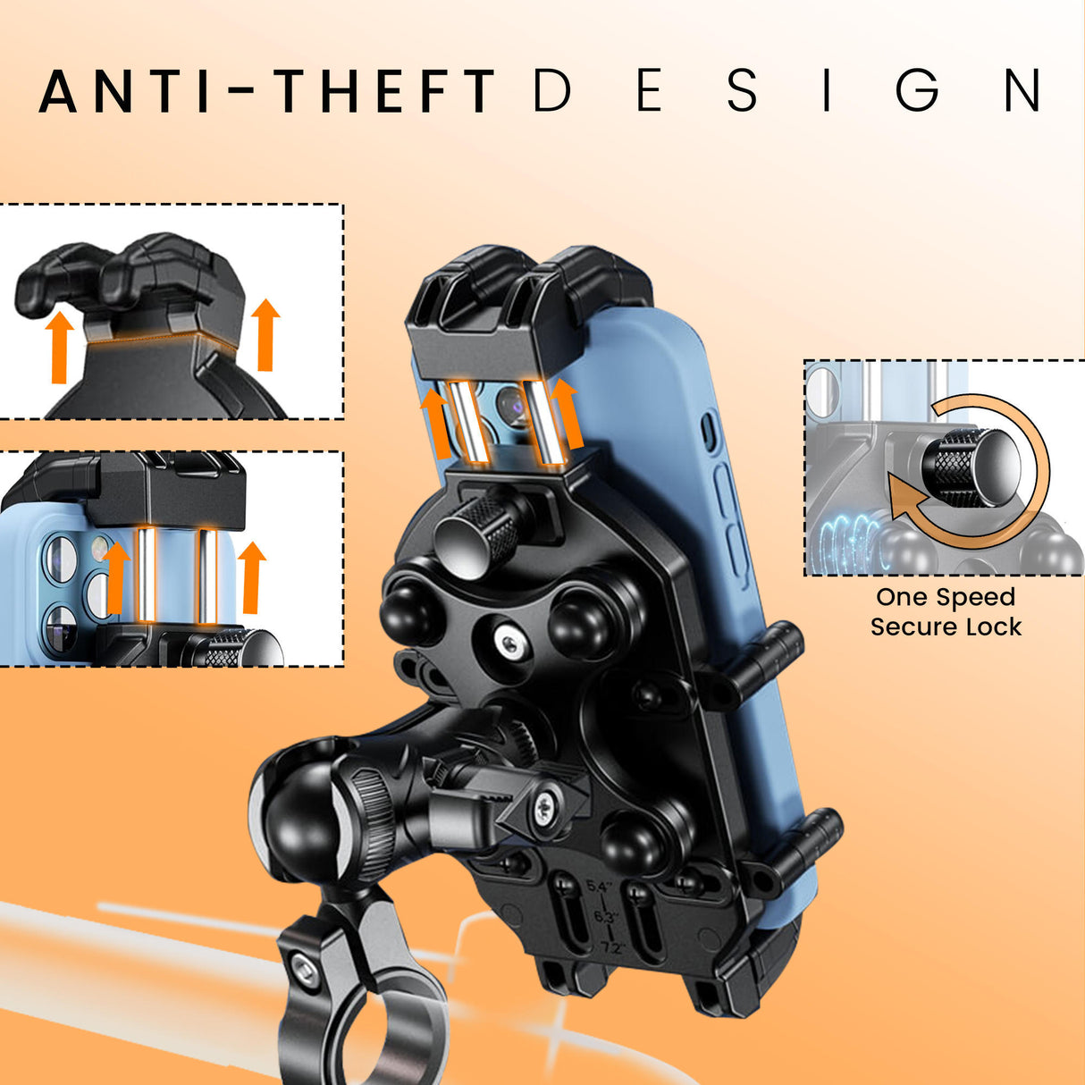 4-Sided Grip Anti Theft Mobile Holder With Vibration Dampener Handlebar Mount