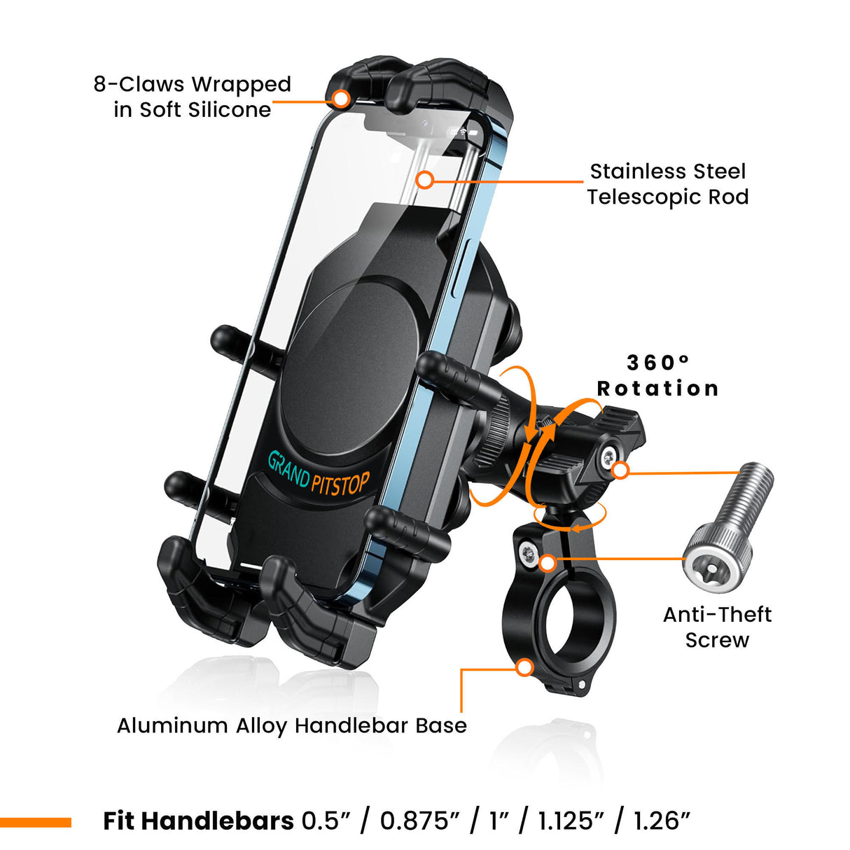 4-Sided Grip Anti Theft Mobile Holder With Vibration Dampener Handlebar Mount