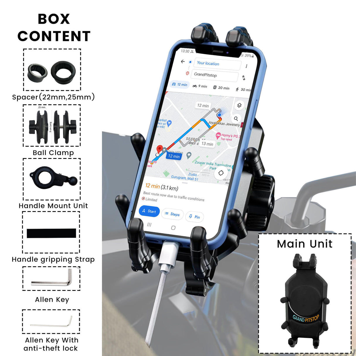 4-Sided Grip Anti Theft Mobile Holder With Vibration Dampener Handlebar Mount