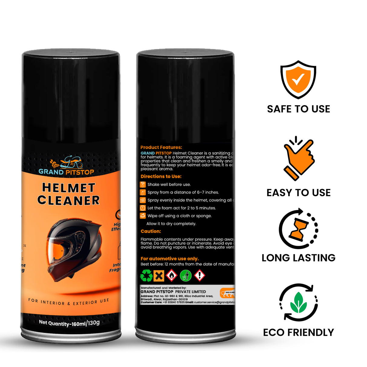 GRAND PITSTOP Helmet Cleaner Spray 160 ml | Antibacterial Foaming Helmet Interior Cleaner | Odor Remover | Safe for Skin & Hair | Deep Cleans Helmet Padding & Liner