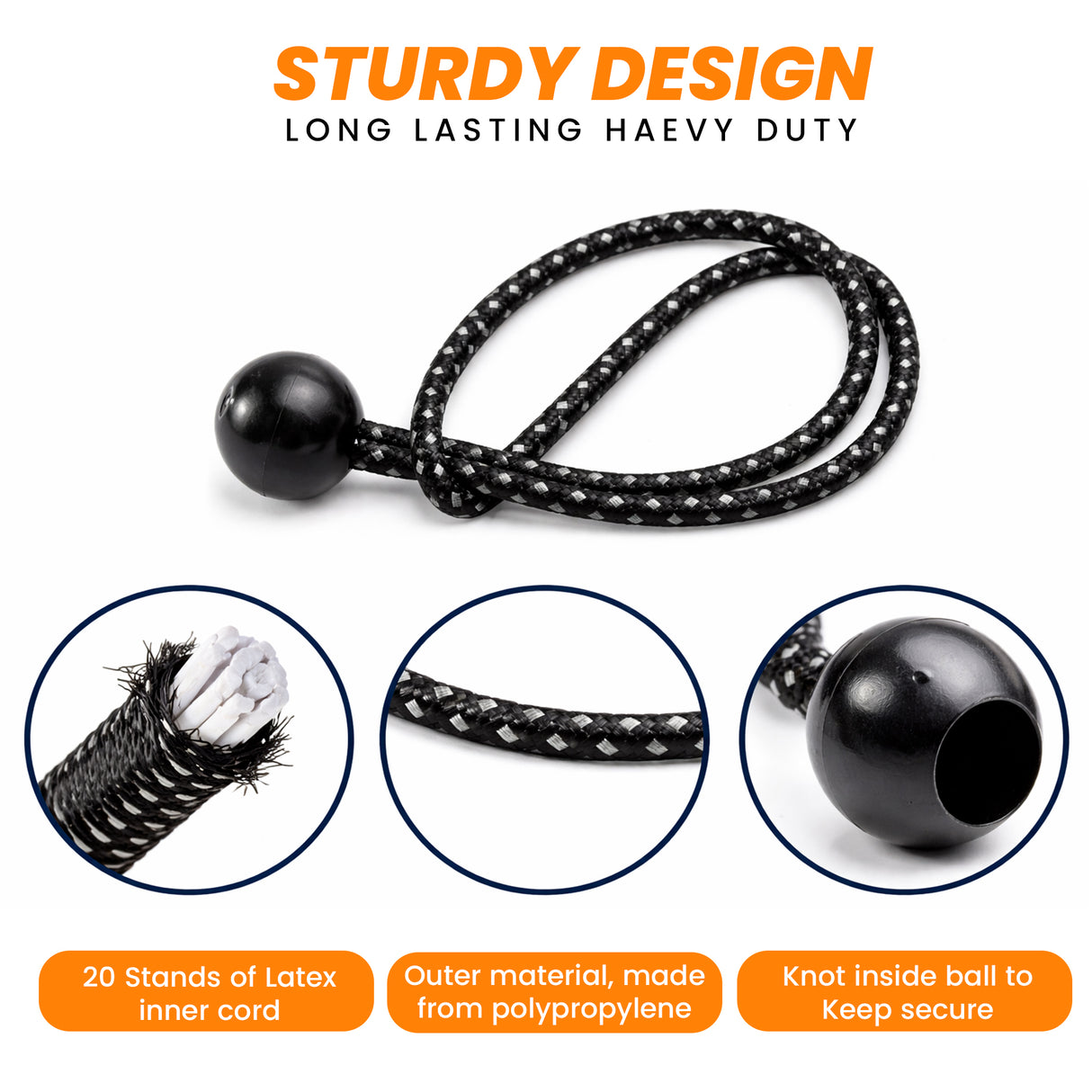 Bungee Balls With Reflecting (8 Inches) - Set Of 10 - Black