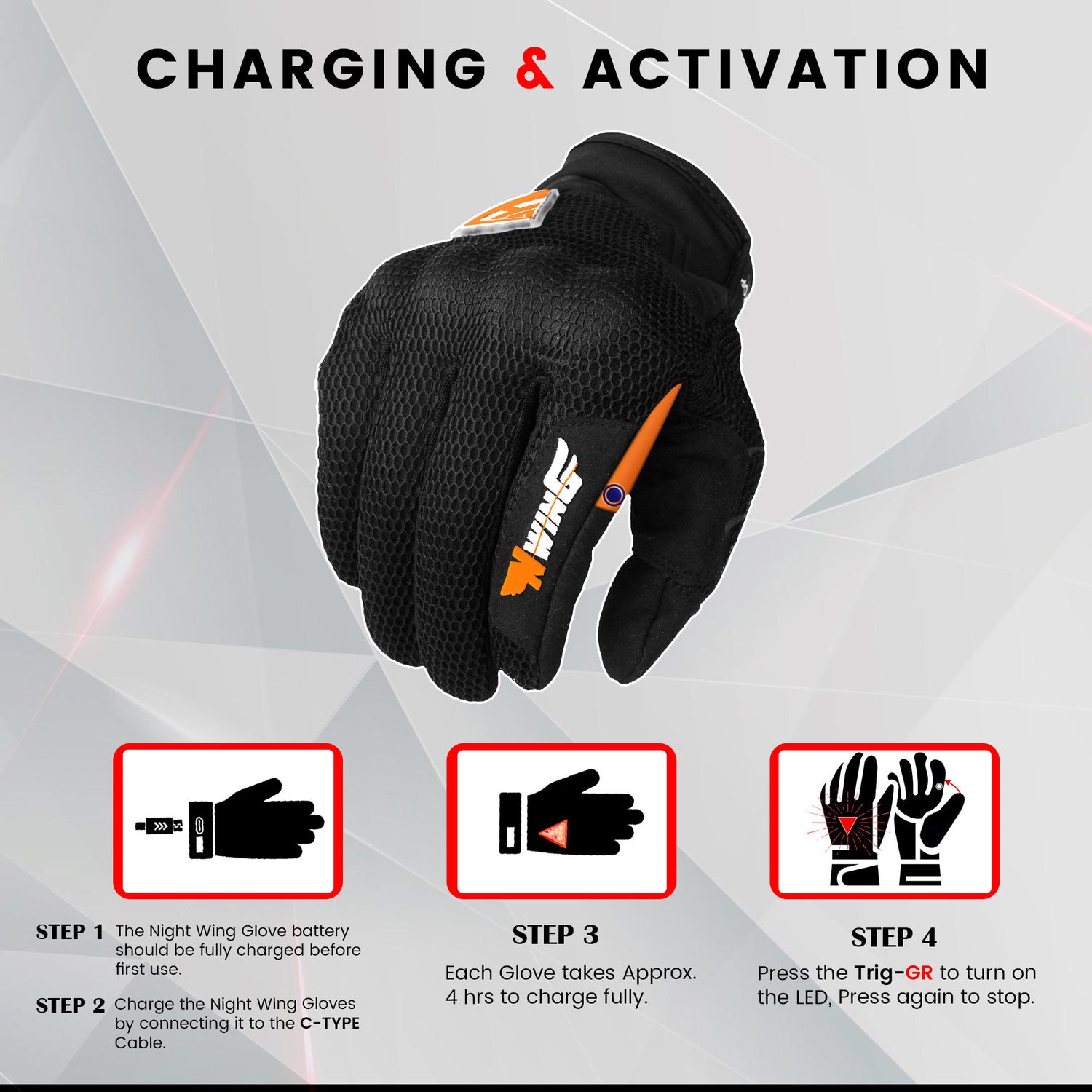 Night Wing Motorcycle LED Gloves - Black