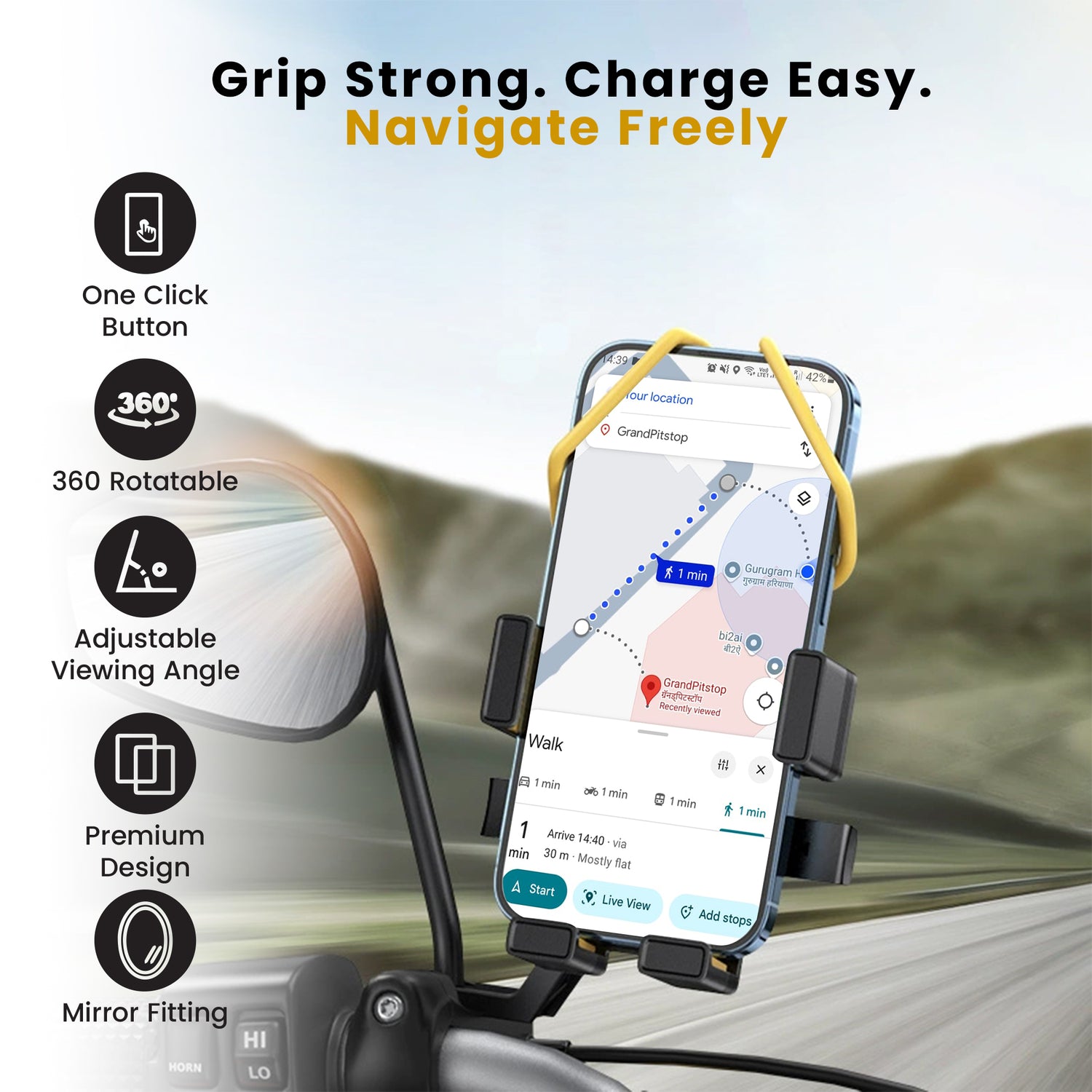 Cool Grip B3 Bike Mirror Mount Mobile Holder with One Click Locking - Black