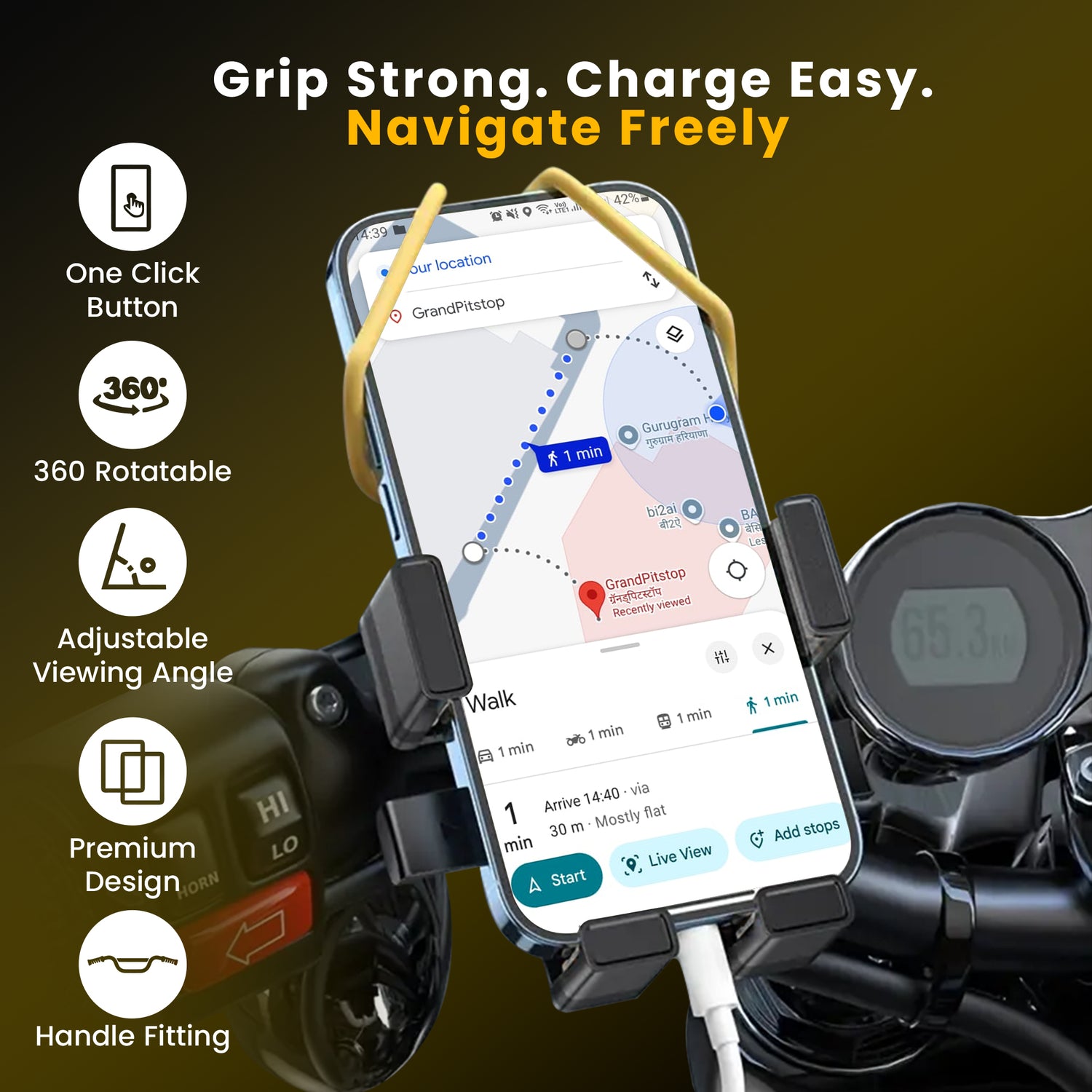 Cool Grip B3 Bike Handlebar Mobile Holder with One Click Locking - Black