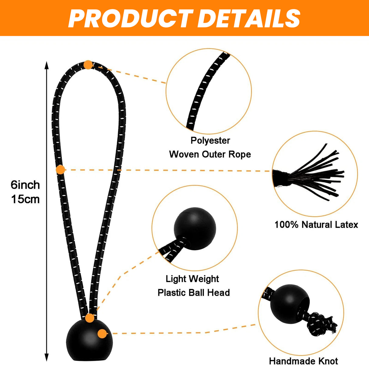 Bungee Balls With Reflecting (8 Inches) - Set Of 10 - Black