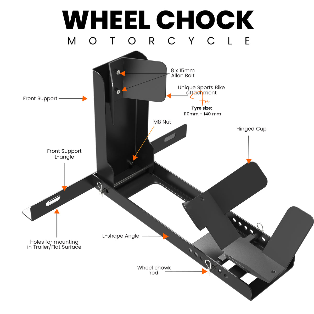 GRAND PITSTOP Universal Wheel Chock for Motorcycle Stand for Trailer Completely Adjustable Detachable Foldable Wheel Chock (Black-V2, 2000 lbs)