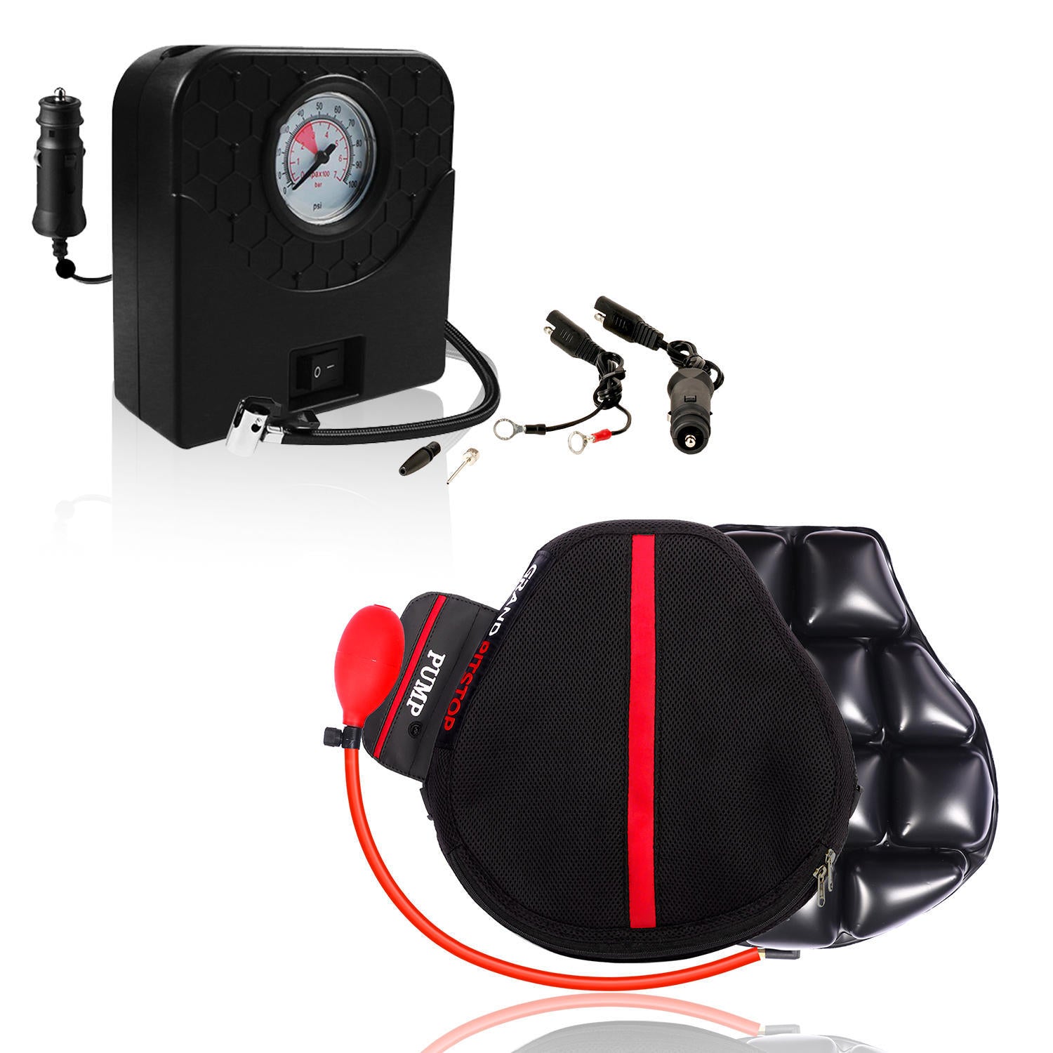 Combo - Air Seat for Medical, Offices, Home, Motorcycle and Car Lumbar Support & Inflator