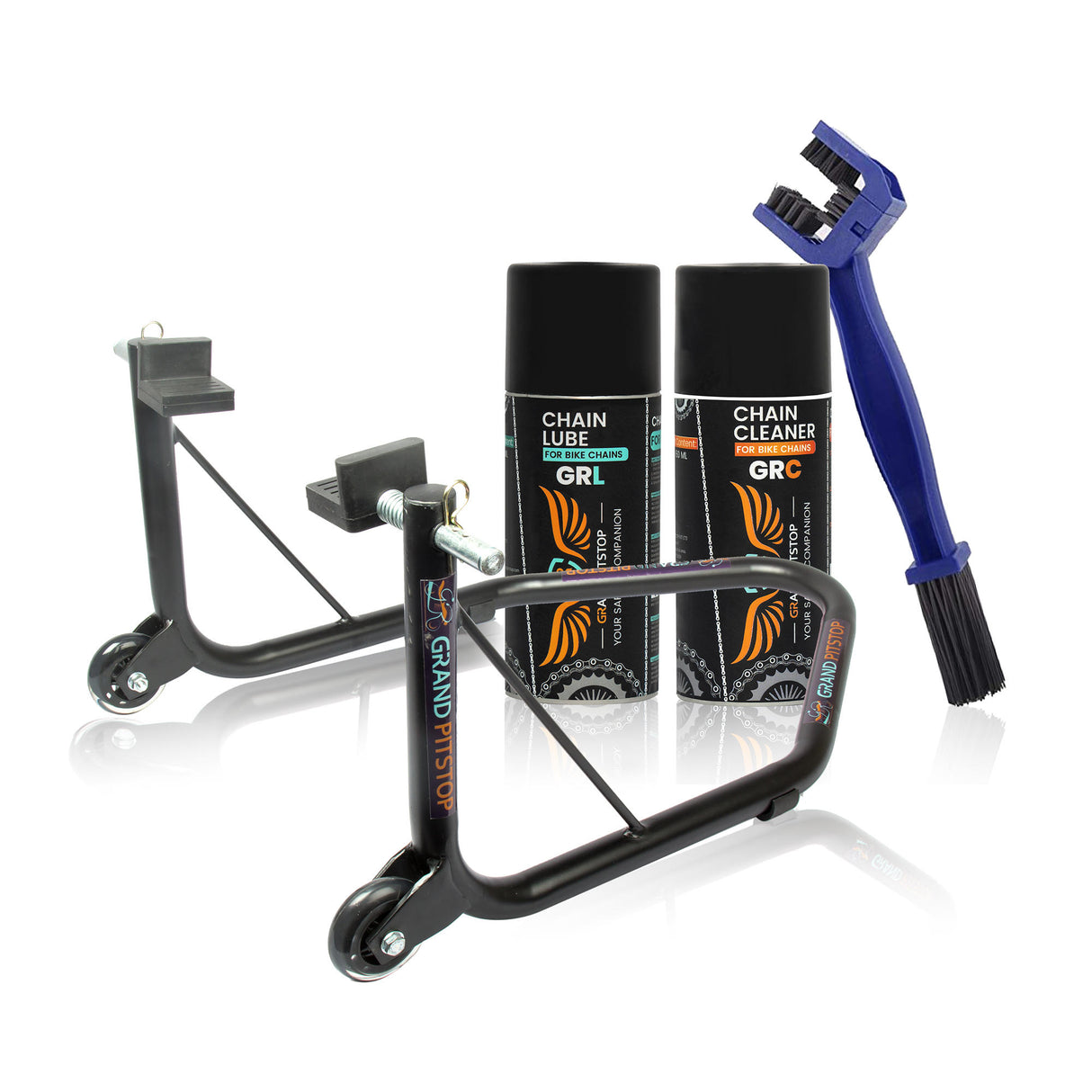 Combo of Chain Cleaning Brush & GR Chain Cleaner-160ml & GR Chain Lube-160ml & Non-Dismantlable Universal Paddock Stand - Black