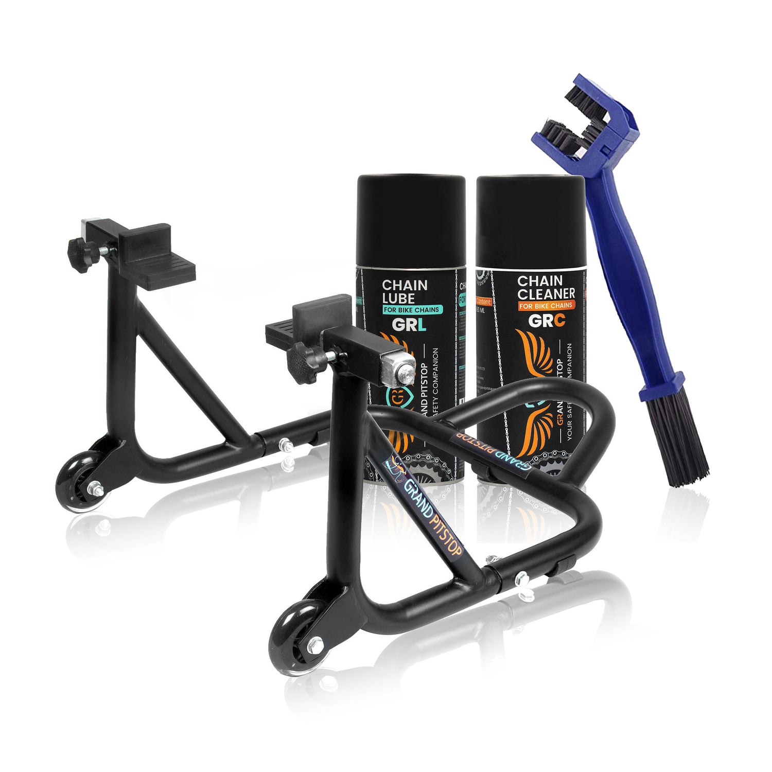 Combo of Chain Cleaning Brush & GR Chain Cleaner (160 ml) & GR Chain Lube (160 ml) & Dismantlable Paddock Stand - Black