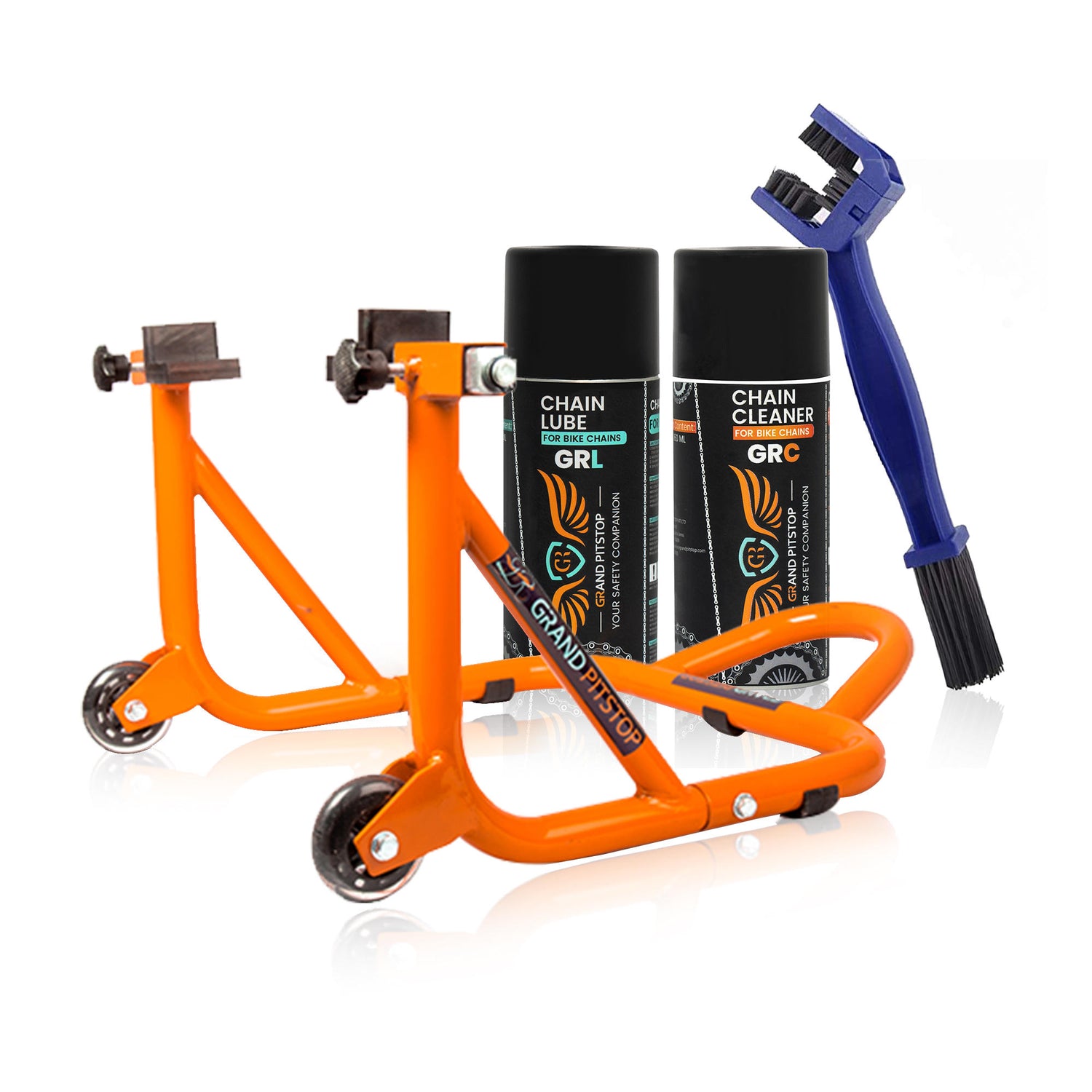 Combo of Chain Cleaning Brush & GR Chain Cleaner (160 ml) & GR Chain Lube (160 ml) & Dismantlable Paddock Stand - Orange