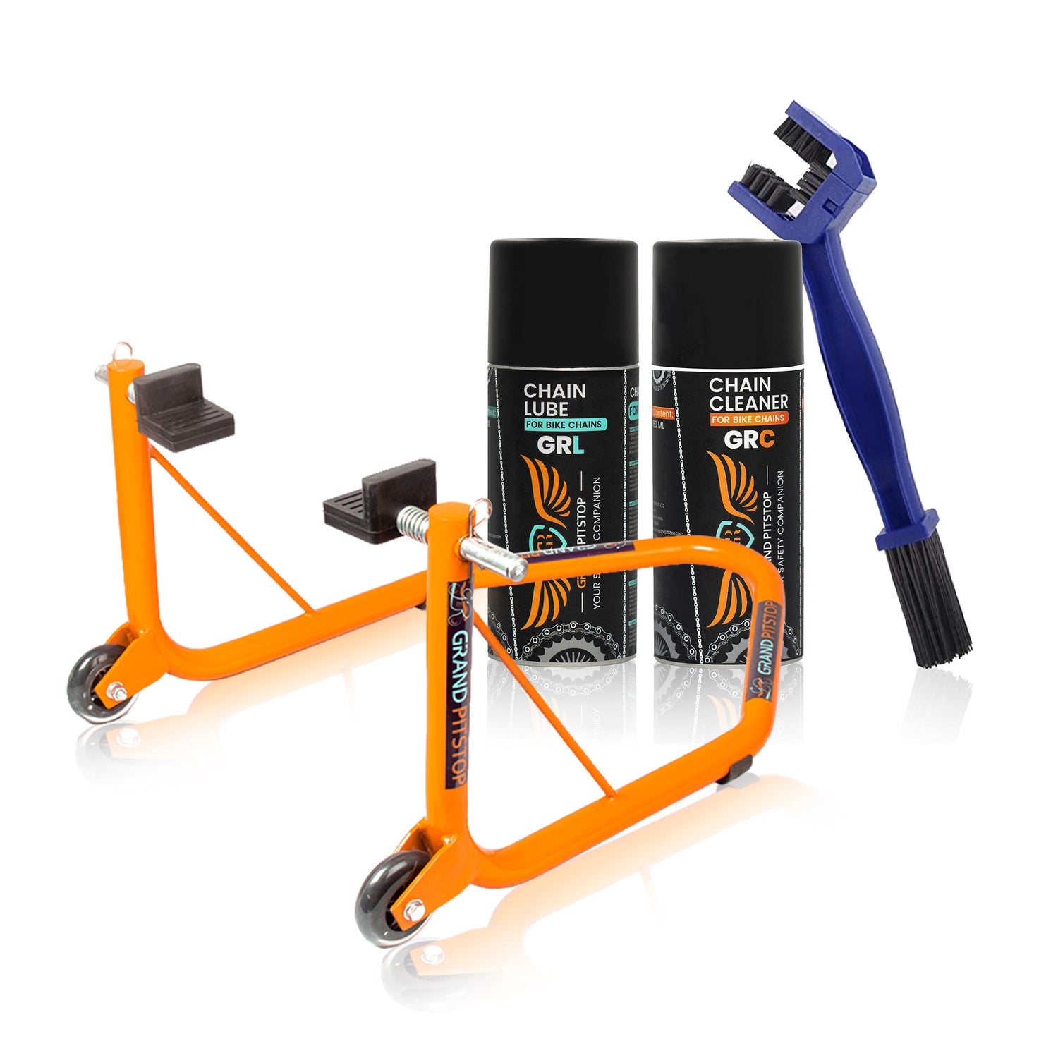 Combo of Chain Cleaning Brush & GR Chain Cleaner-160ml & GR Chain Lube-160ml & Non-Dismantlable Universal Paddock Stand - Orange