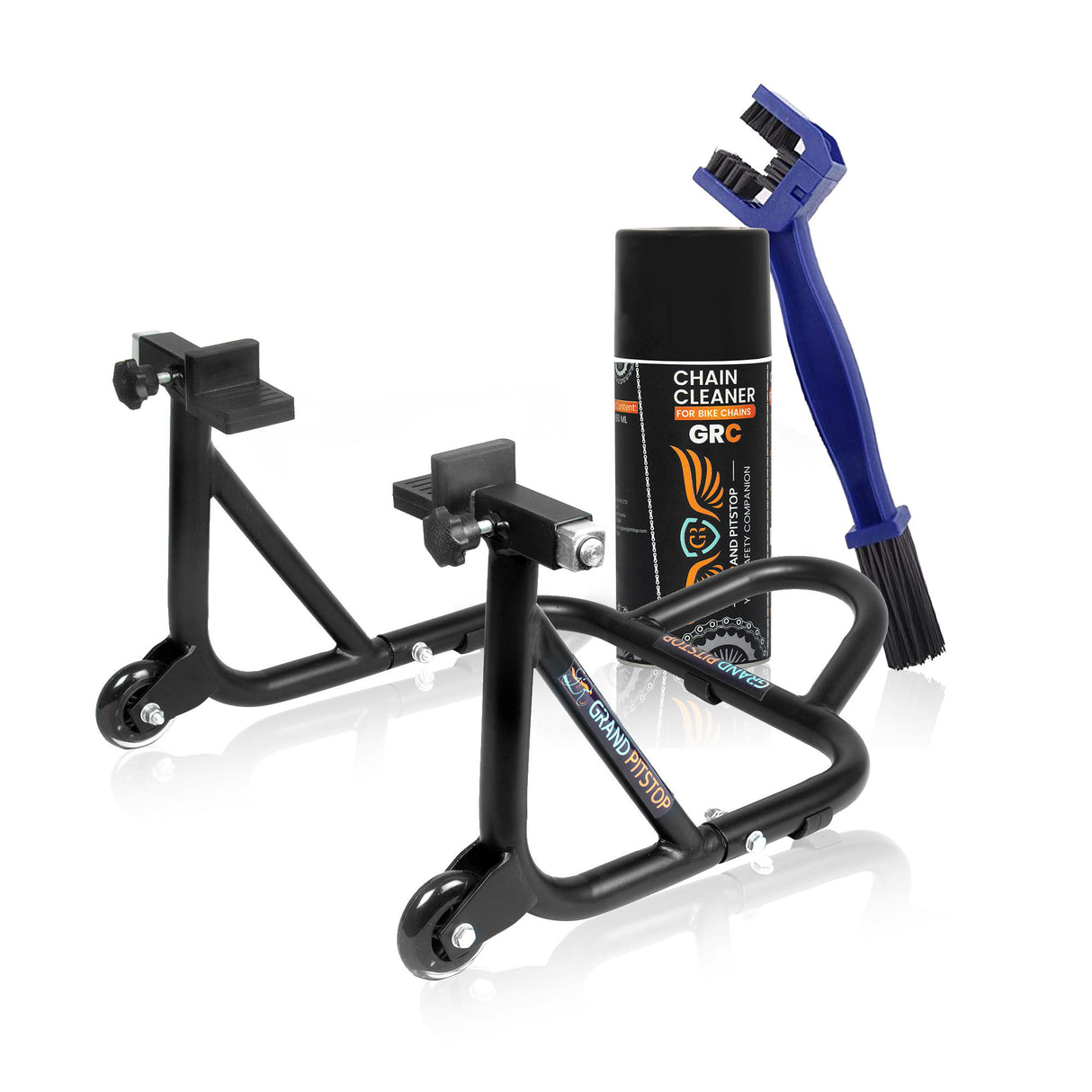 Combo of Chain Cleaning Brush & GR Chain Cleaner (160ml) & Dismantlable Paddock Stand - Black