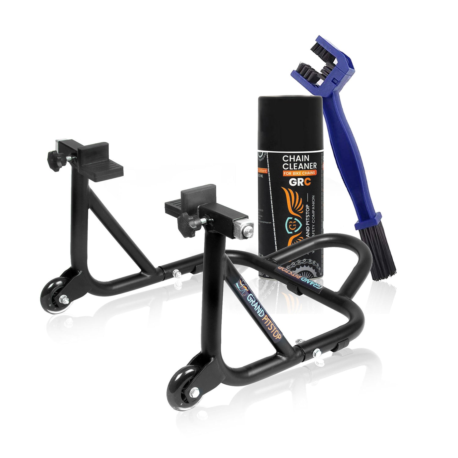 Combo of Chain Cleaning Brush & GR Chain Cleaner (160ml) & Dismantlable Paddock Stand - Black