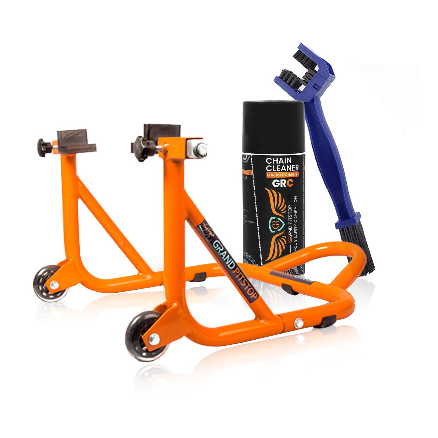 Combo of Chain Cleaning Brush & GR Chain Cleaner (160 ml) & Dismantlable Paddock Stand - Orange