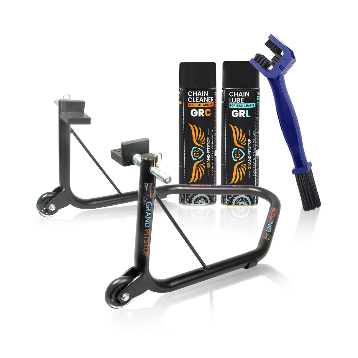Combo of Chain Cleaning Brush & GR Chain Cleaner-500ml & GR Chain Lube-500ml & Non-Dismantlable Universal Paddock Stand - Black