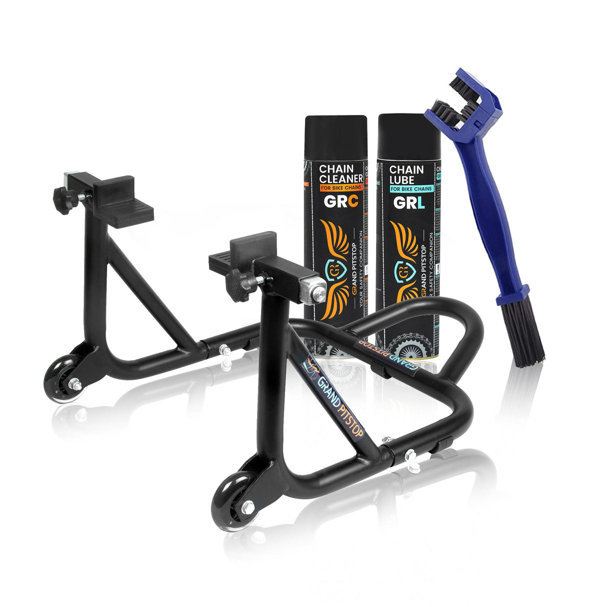 Combo of Chain Cleaning Brush & GR Chain Cleaner-500ml & GR Chain Lube-500ml & Dismantlable Paddock Stand - Black
