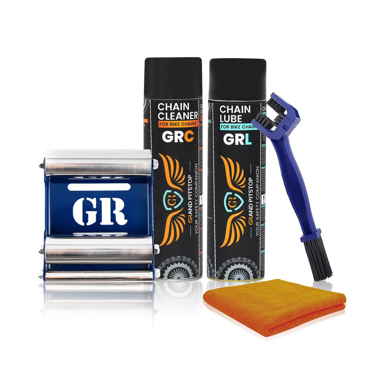 Combo of Chain Cleaning Brush & GR Chain Cleaner-500ml & GR Chain Lube-500ml & Microfiber cloth & GRoller Small