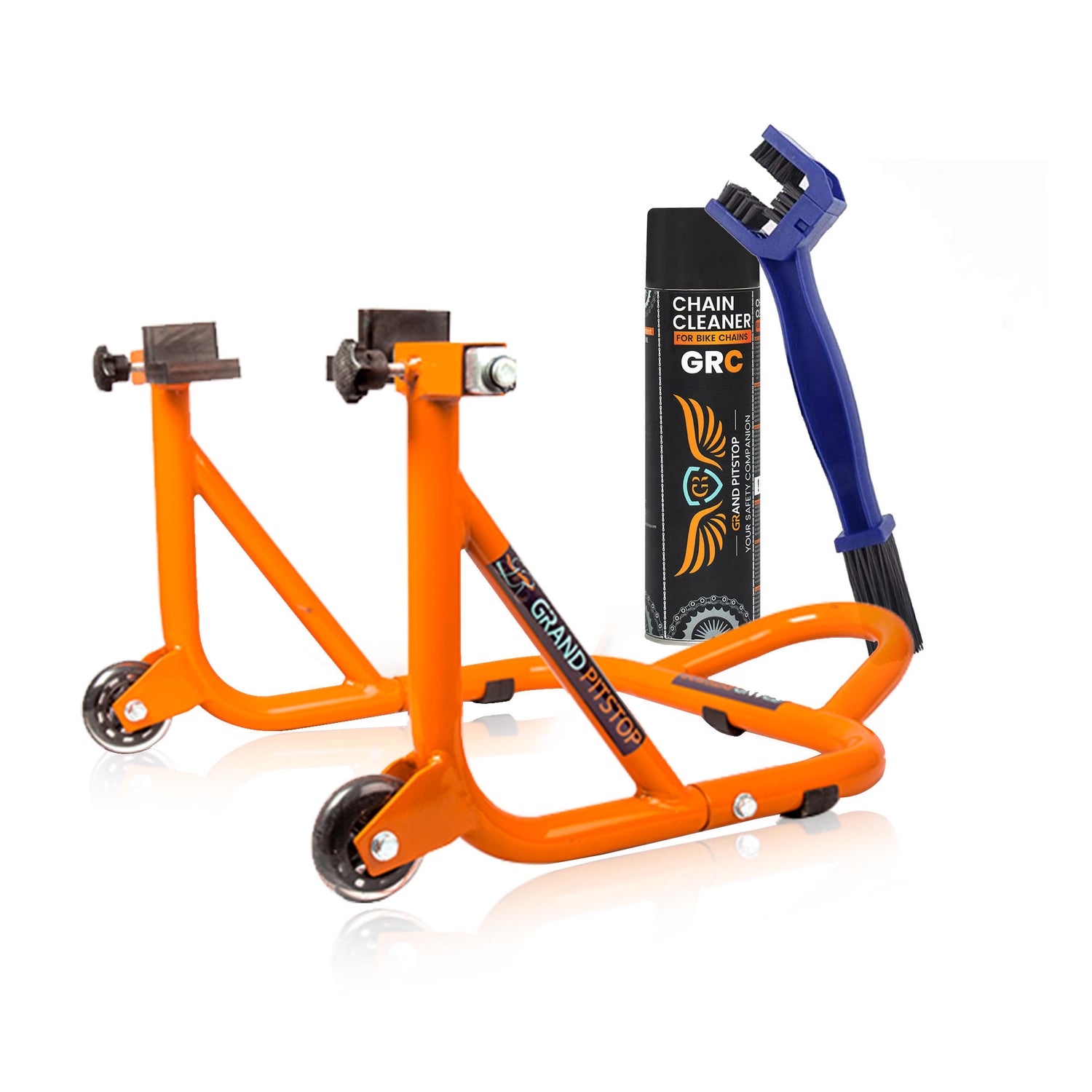 Combo of Chain Cleaning Brush & GR Chain Cleaner-500ml & Dismantlable Paddock Stand - Orange