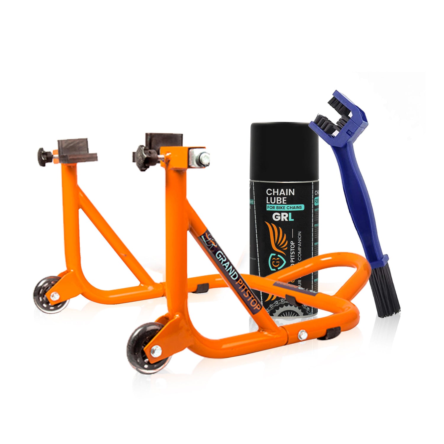Combo of Chain Cleaning Brush & GR Chain Lube-160ml & Dismantlable Paddock Stand - Orange