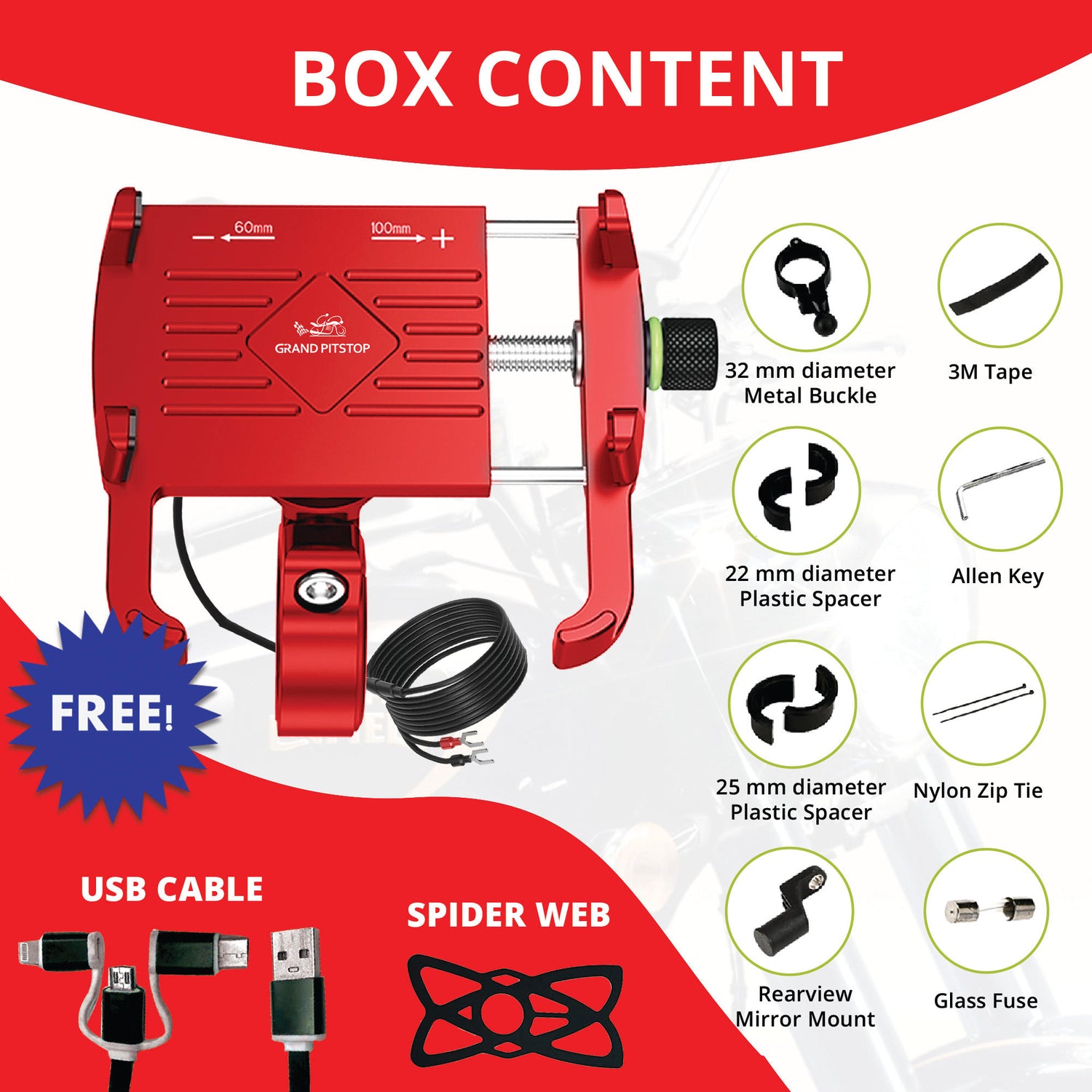 Claw with Jaw Grip Aluminium Mobile Holder with Charger - Red
