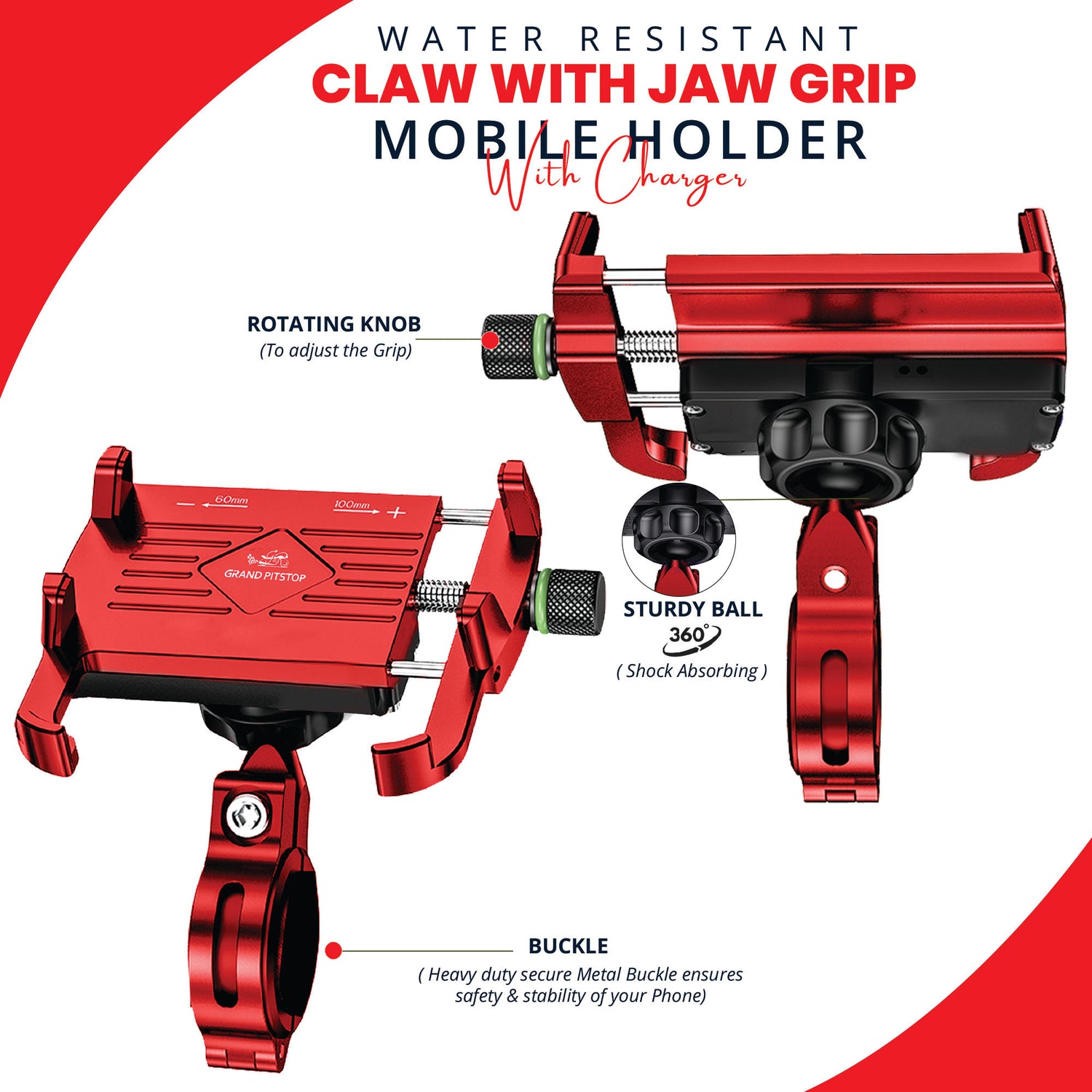 Claw with Jaw Grip Aluminium Mobile Holder without Charger - Red