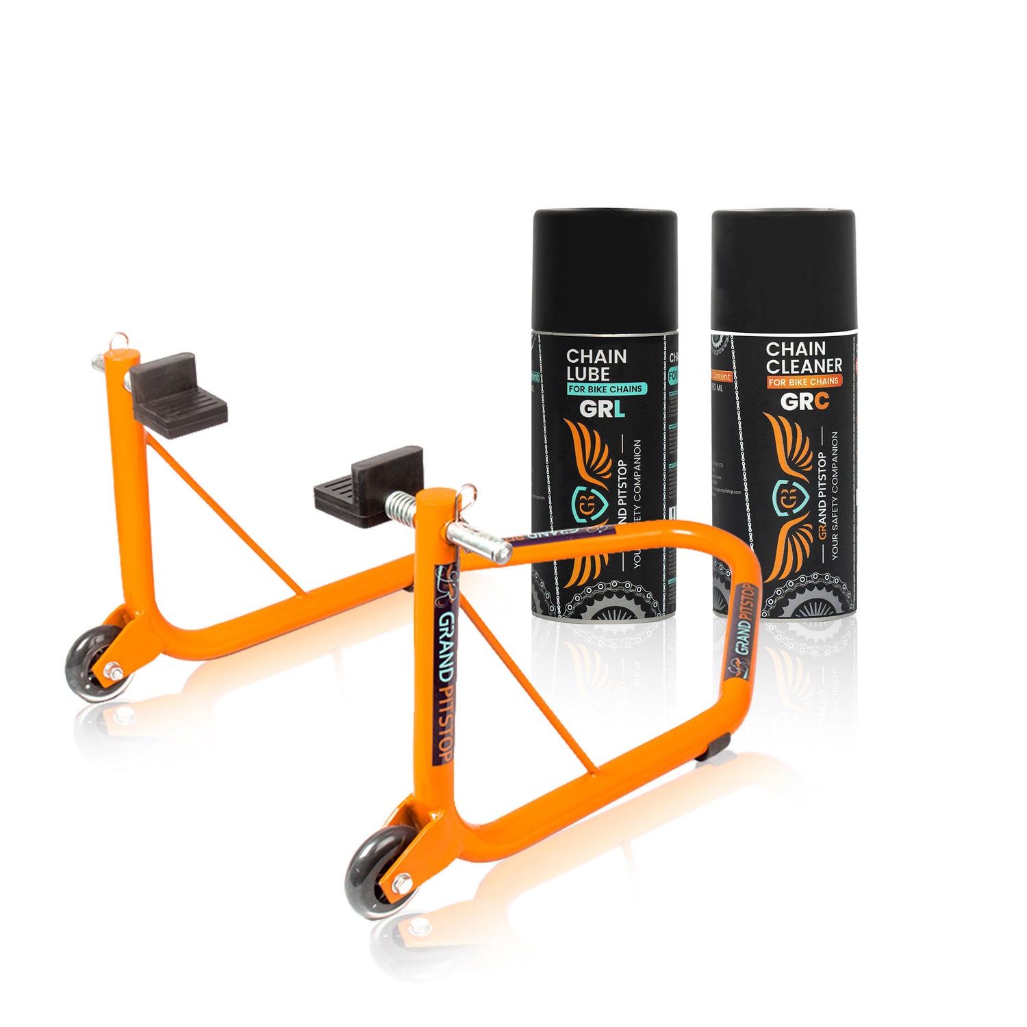 Combo of GR Chain Cleaner-160ml & GR Chain Lube-160ml & Non-Dismantlable Universal Paddock Stand - Orange