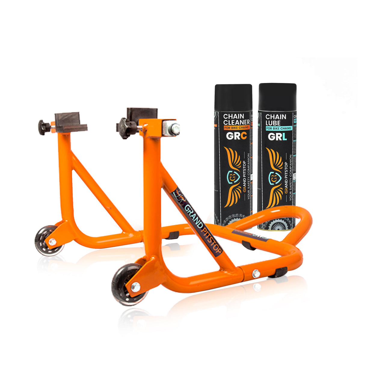 Combo of GR Chain Cleaner-500ml & GR Chain Lube-500ml & Dismantlable Paddock Stand - Orange