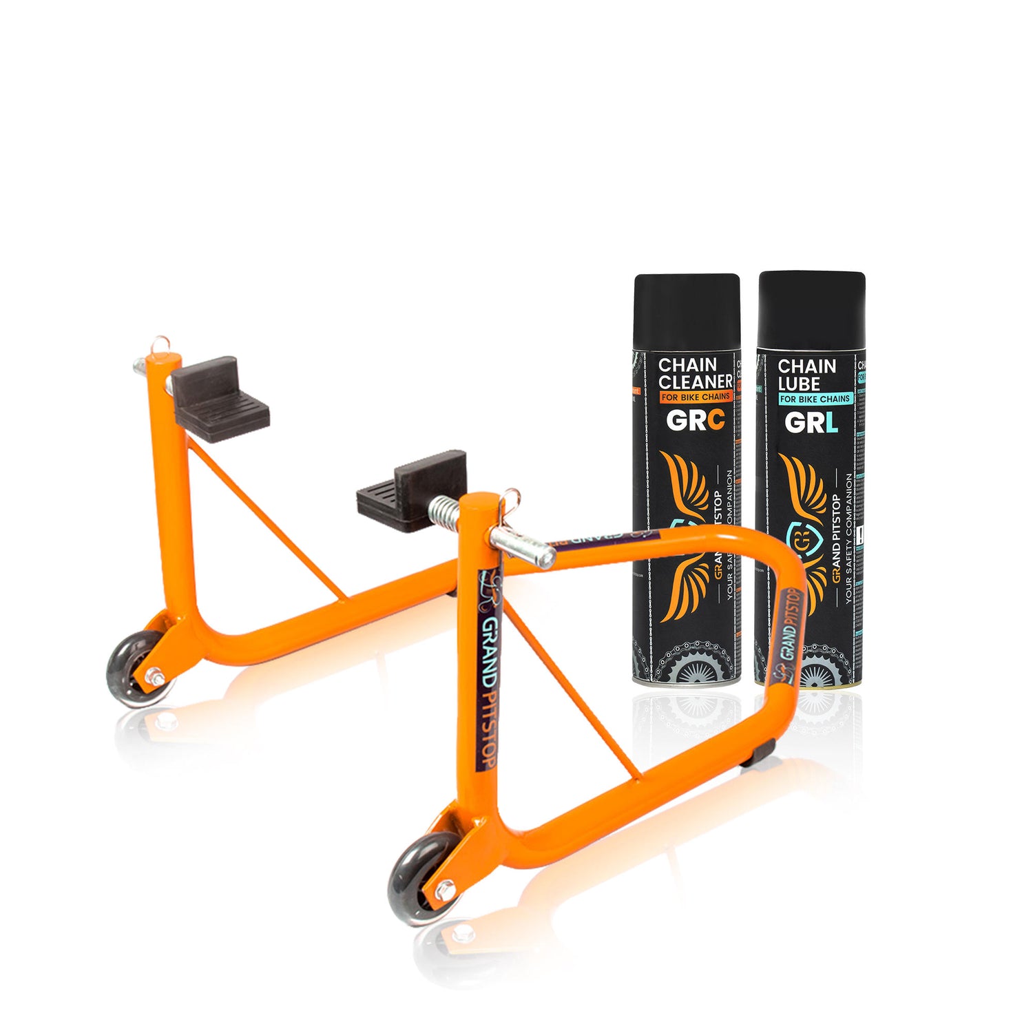 Combo of GR Chain Cleaner-500ml & GR Chain Lube-500ml & Non-Dismantlable Universal Paddock Stand - Orange