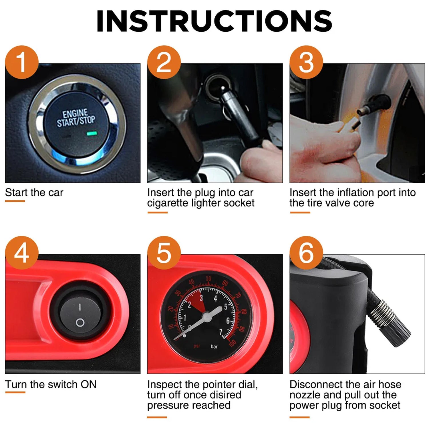 Electric Tire Inflator Air Compressor Pump for Car, Motorcycle, Balls and Mattress - Red