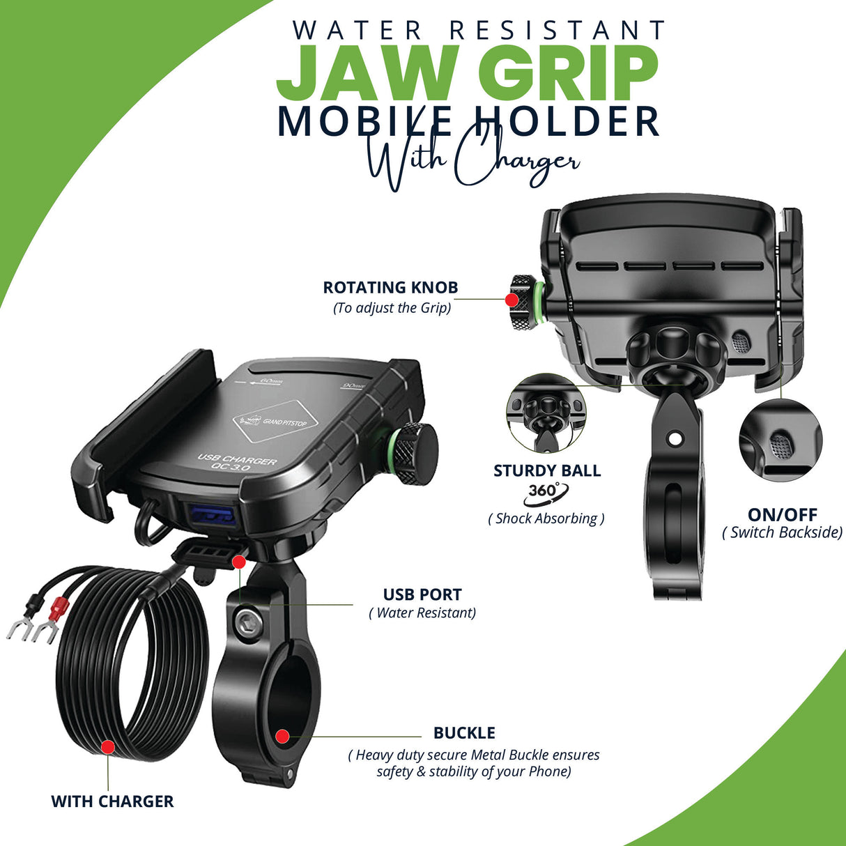 Jaw Grip Aluminium Mobile Holder With Charger - Black