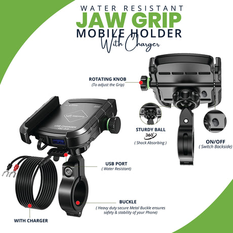Jaw Grip Aluminium Mobile Holder With Charger - Black