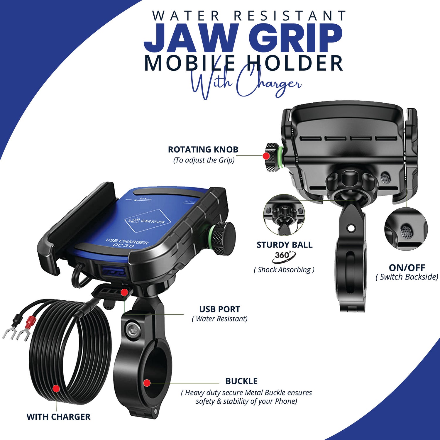 Jaw Grip Aluminium Mobile Holder with Charger - Blue