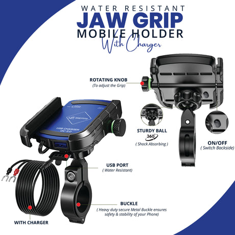 Jaw Grip Aluminium Mobile Holder with Charger - Blue