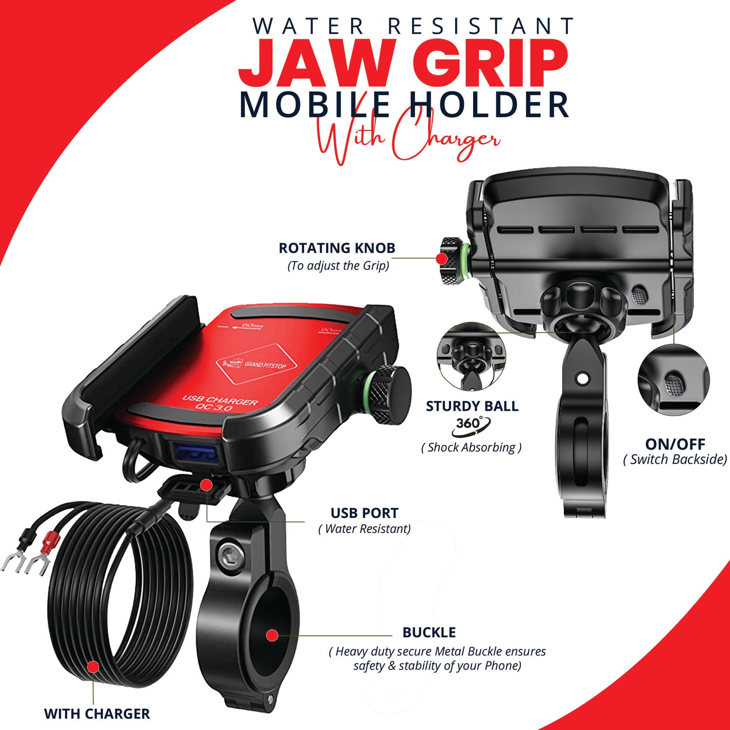 Jaw Grip Aluminium Mobile Holder with Charger - Red