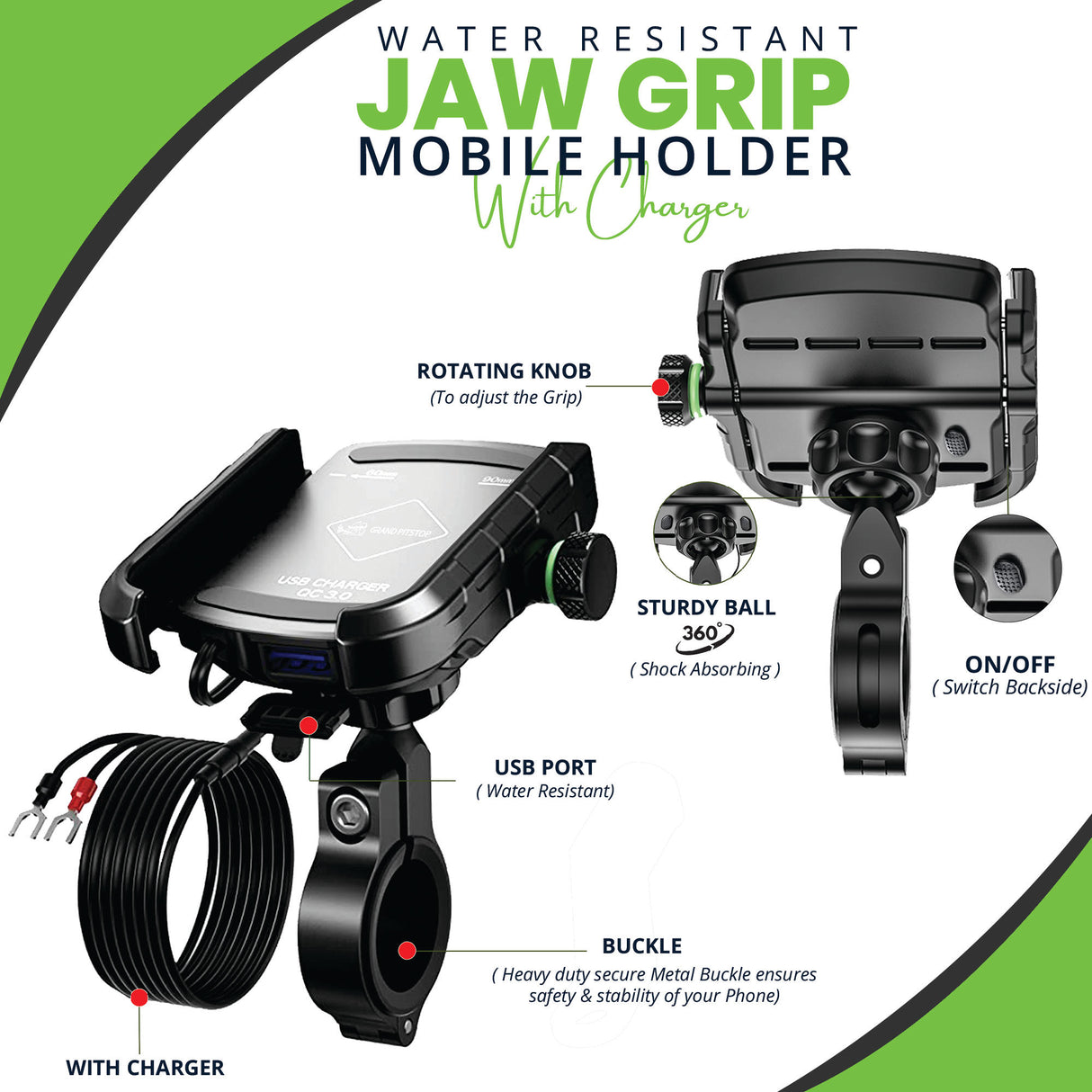 Jaw Grip Aluminium Mobile Holder with Charger - Silver