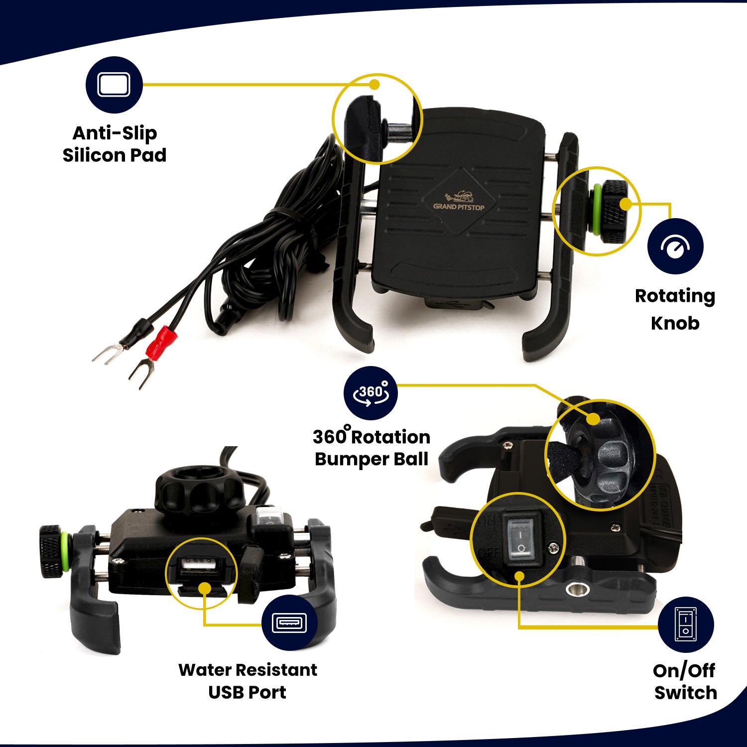 Jaw Grip Mobile Holder with Charger - Black