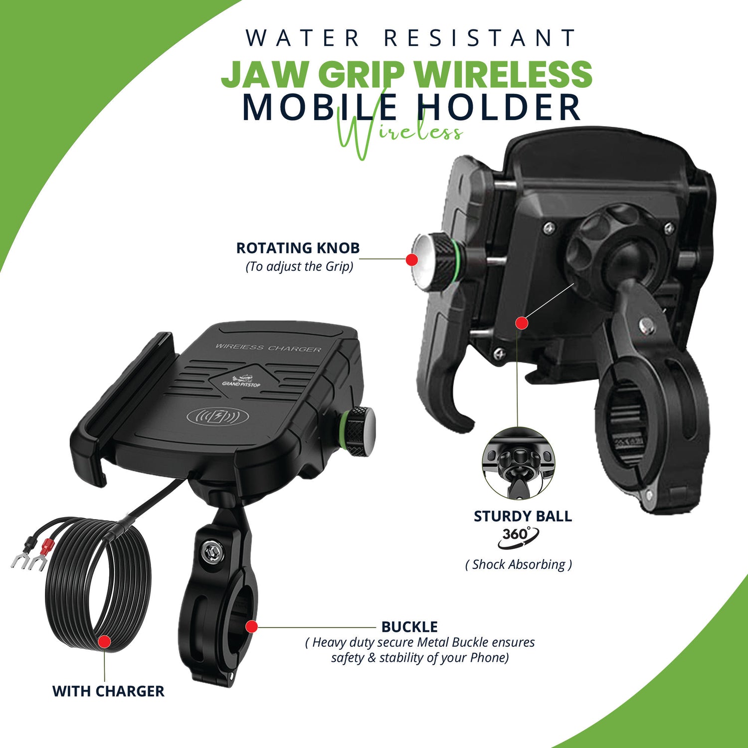 Jaw Grip Mobile Holder with 15W Wireless Charger - Black