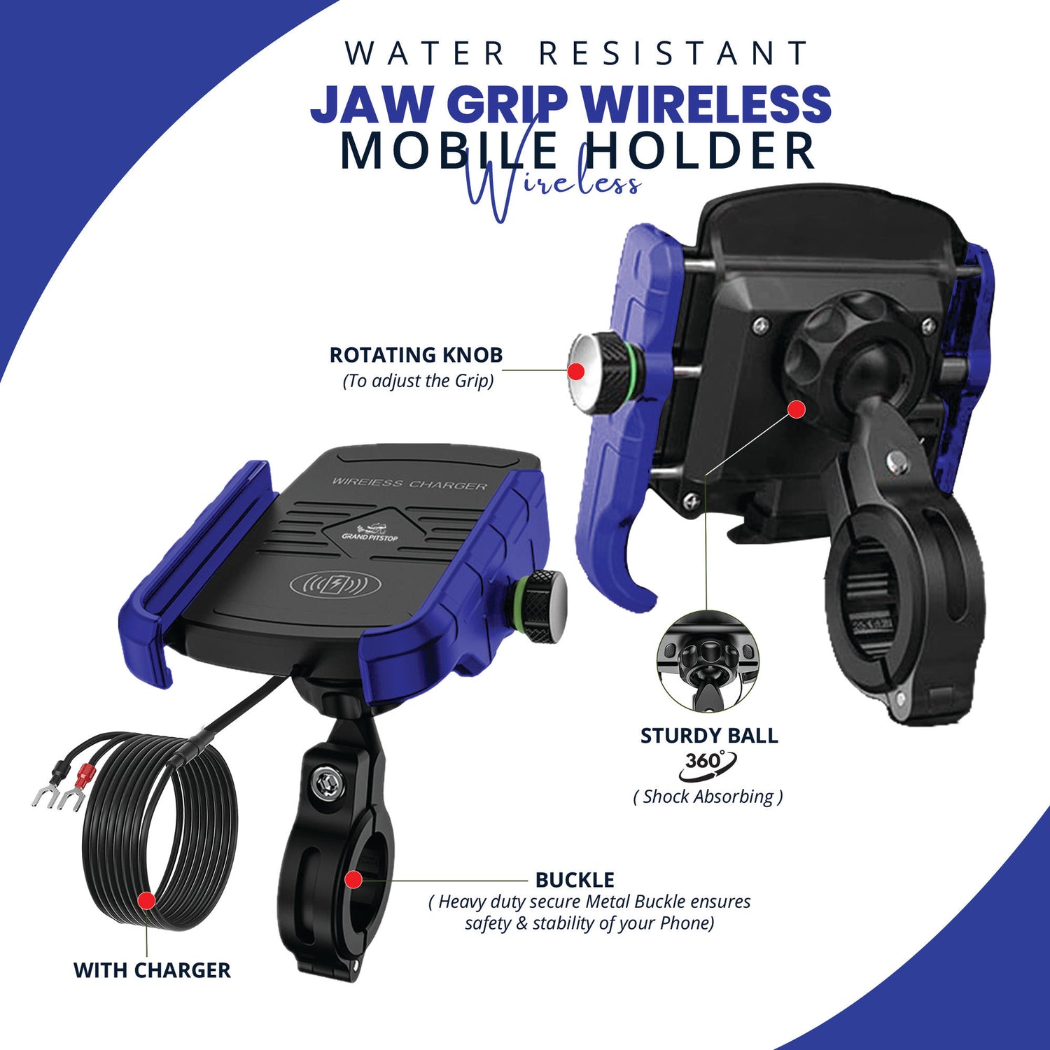 Jaw Grip Mobile Holder with 15W Wireless Charger - Blue