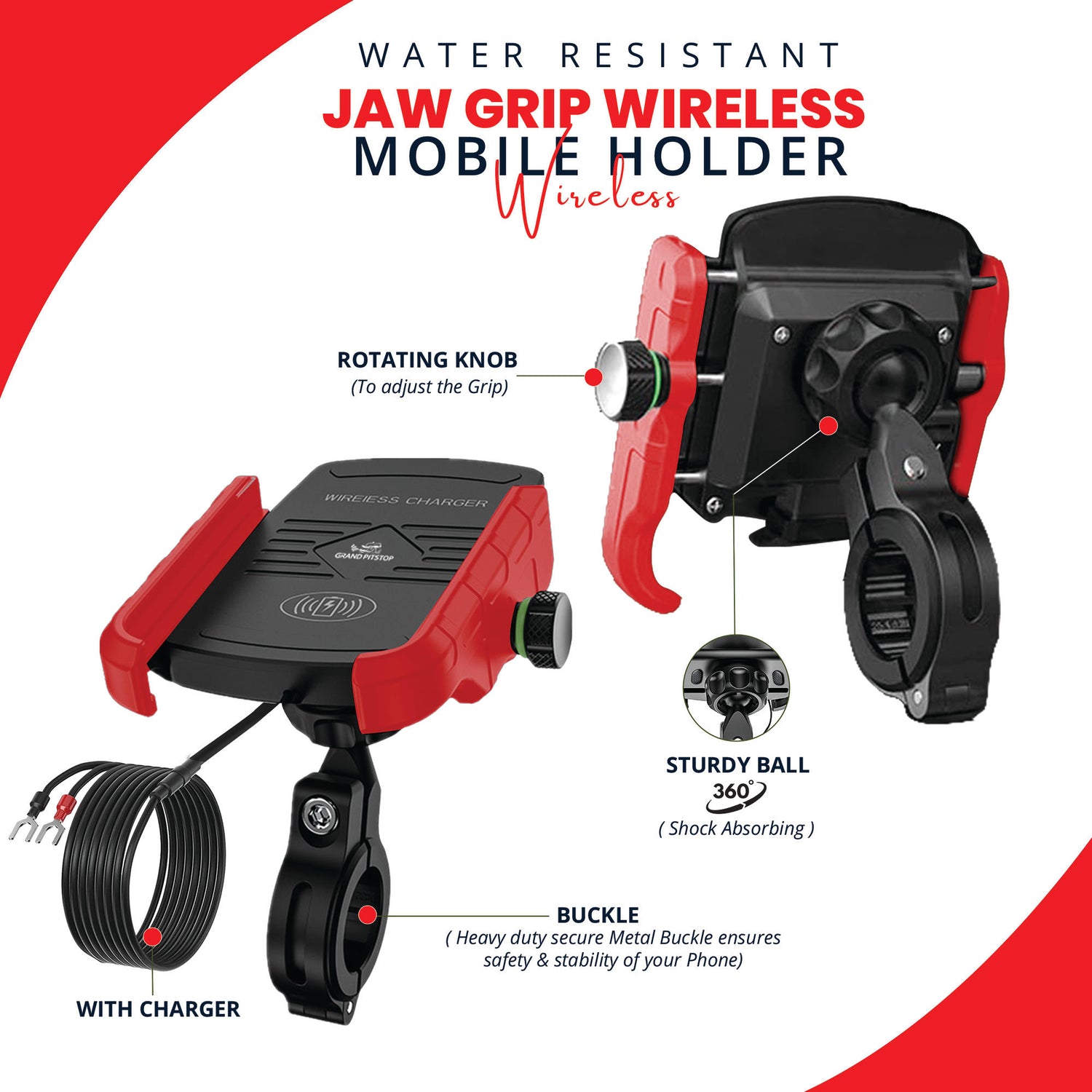 Jaw Grip Mobile Holder with 15W Wireless Charger - Red