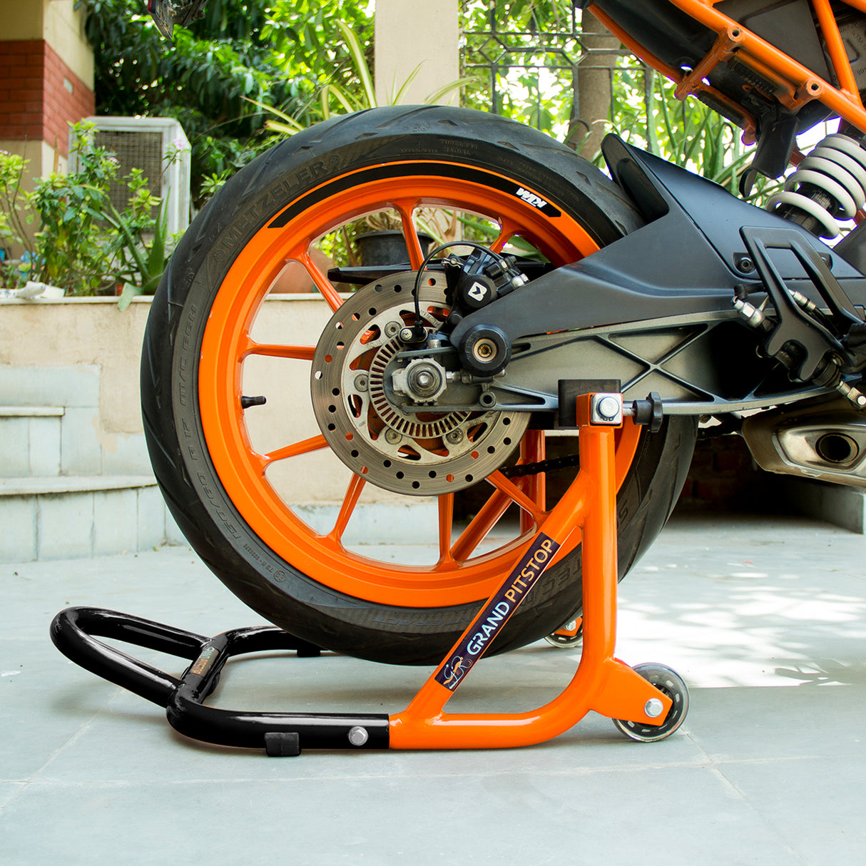 Dismantlable Rear Paddock Stand With 360 Rotation & Skate Wheels (Bike Wt upto: 450 kgs) - Black-Orange