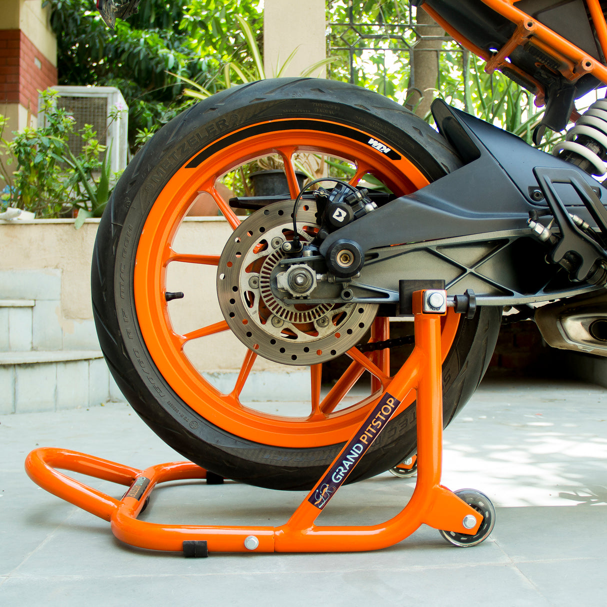 Dismantlable Rear Paddock Stand With Skate Wheels for KTM Bikes (upto 450 kg) - Orange