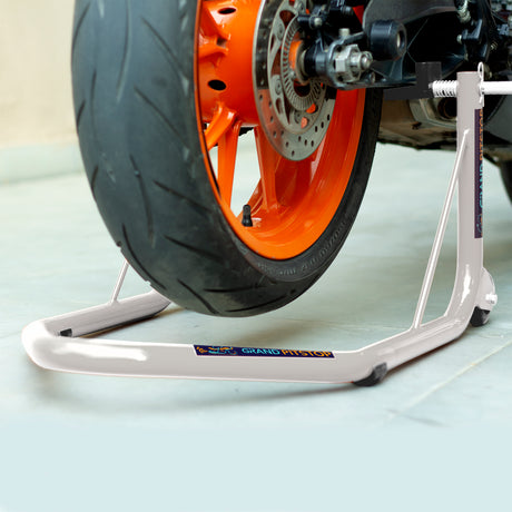 Non-Dismantlable Rear Paddock Stand With Skate Wheels (upto 350 kg) - Silver