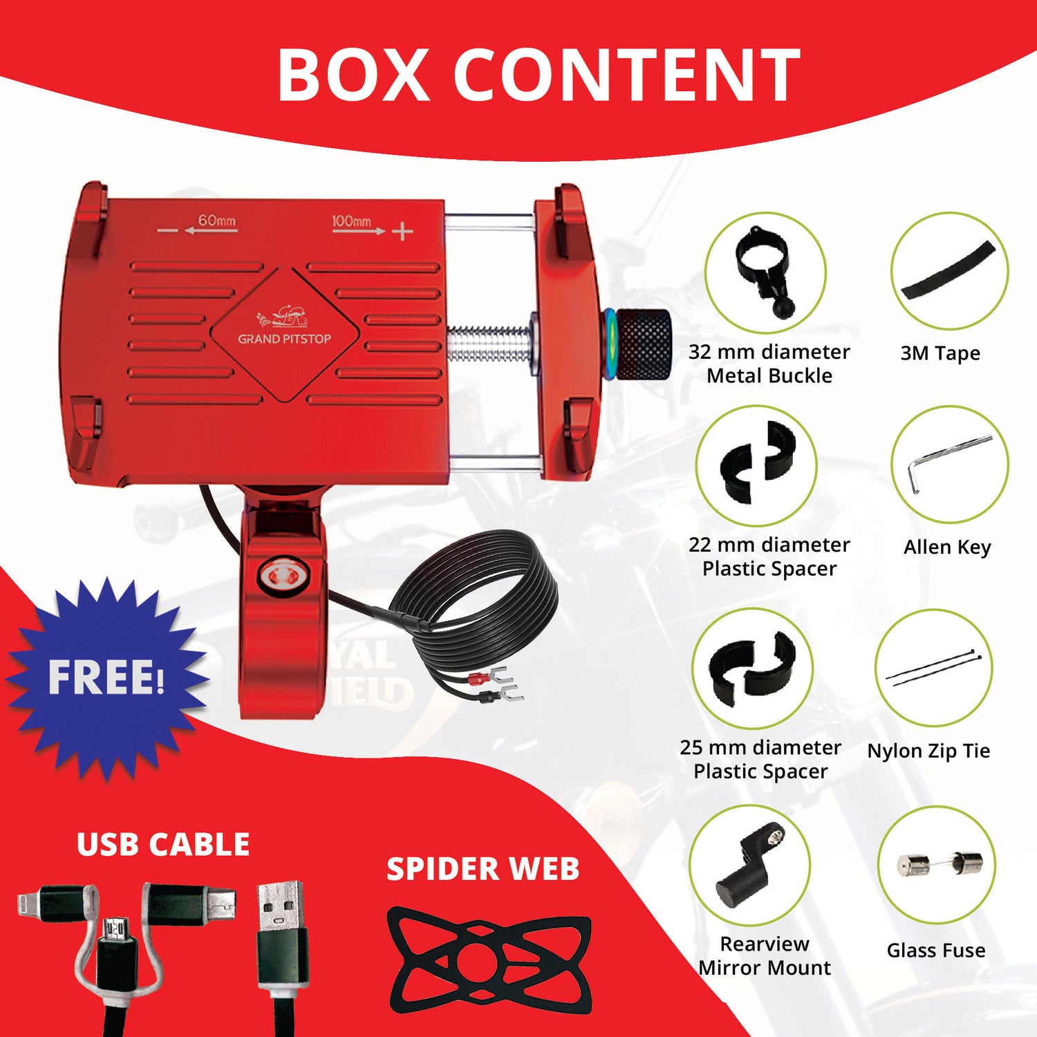 Claw Grip Aluminium Mobile Holder Mount with Charger - Red