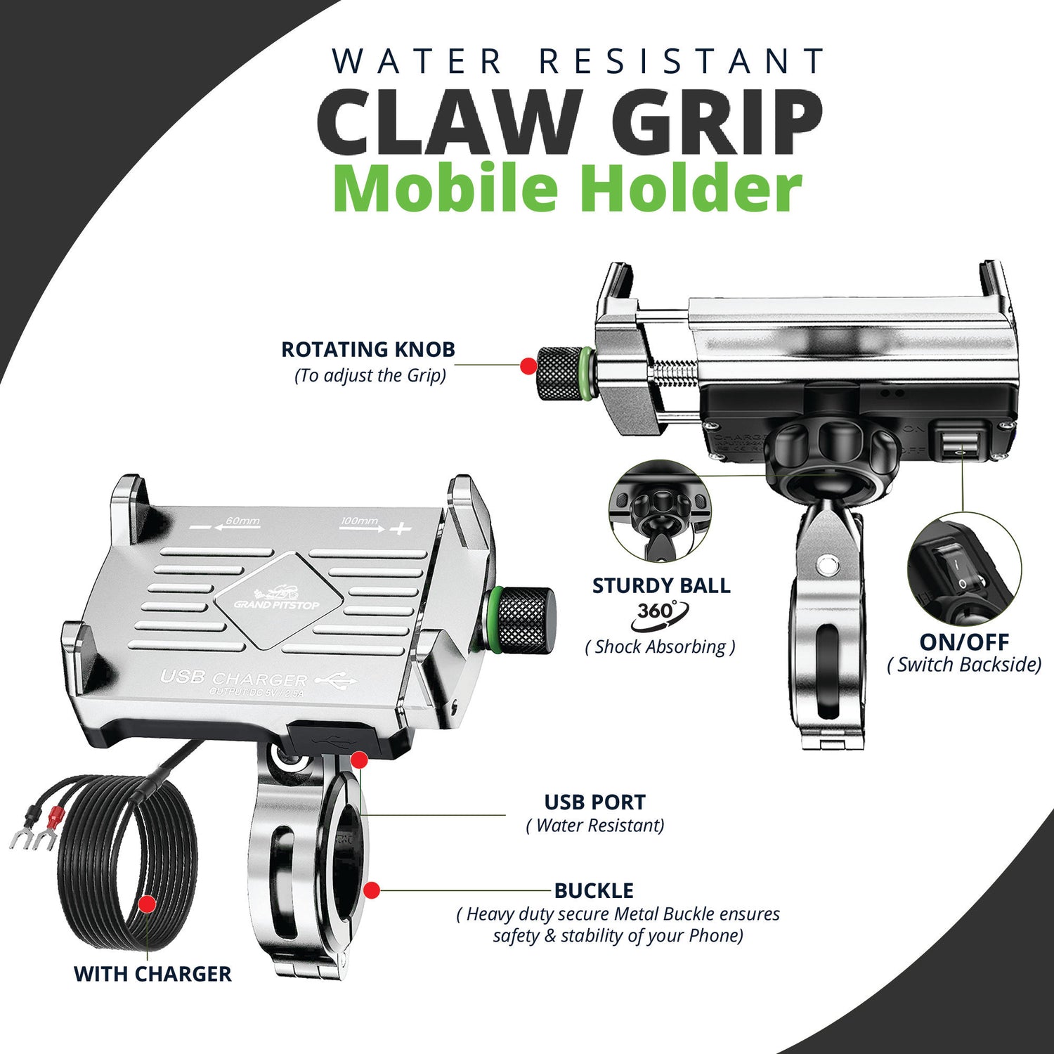Claw Grip Aluminium Mobile Holder Mount with Charger - Silver