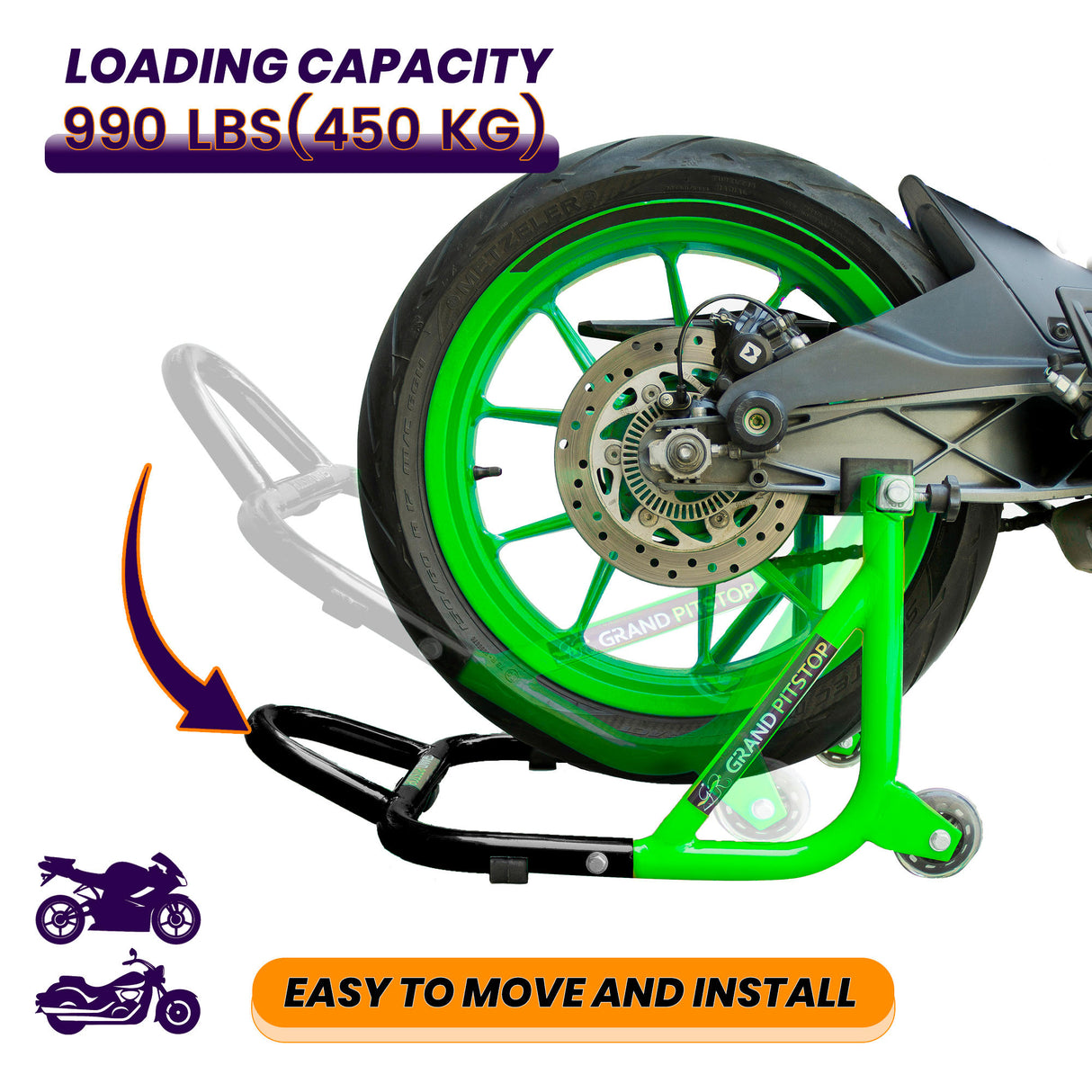 Dismantlable Rear Paddock Stand With Skate Wheels (Bike Wt upto: 450 kgs) - Black-Green