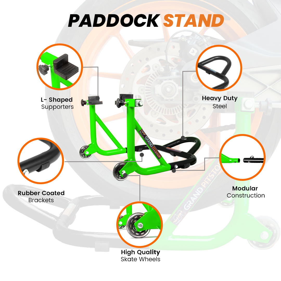 Dismantlable Rear Paddock Stand With Skate Wheels (Bike Wt upto: 450 kgs) - Black-Green