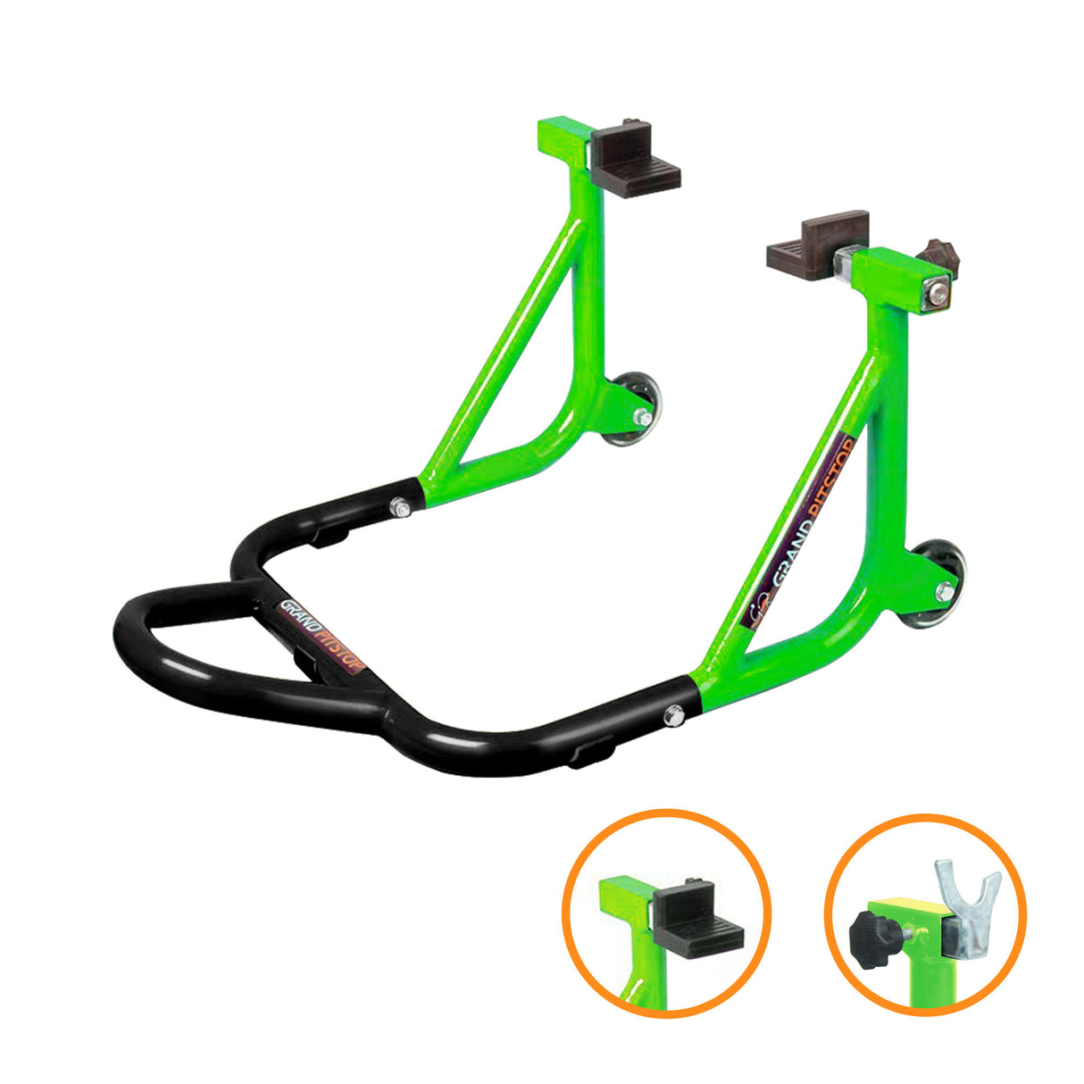 Dismantlable Rear Paddock Stand With Skate Wheels (Bike Wt upto: 450 kgs) - Black-Green