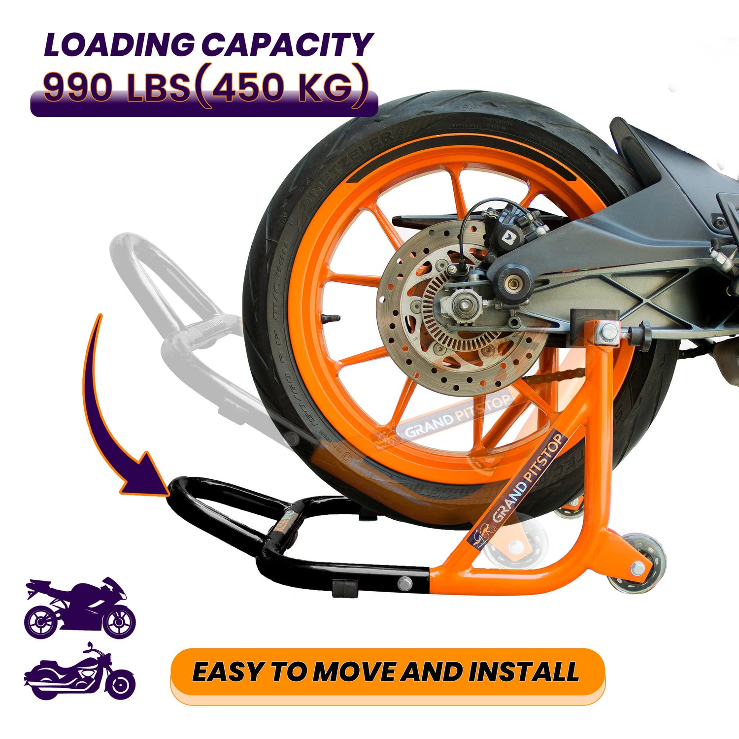 Dismantlable Rear Paddock Stand With 360 Rotation & Skate Wheels (Bike Wt upto: 450 kgs) - Black-Orange