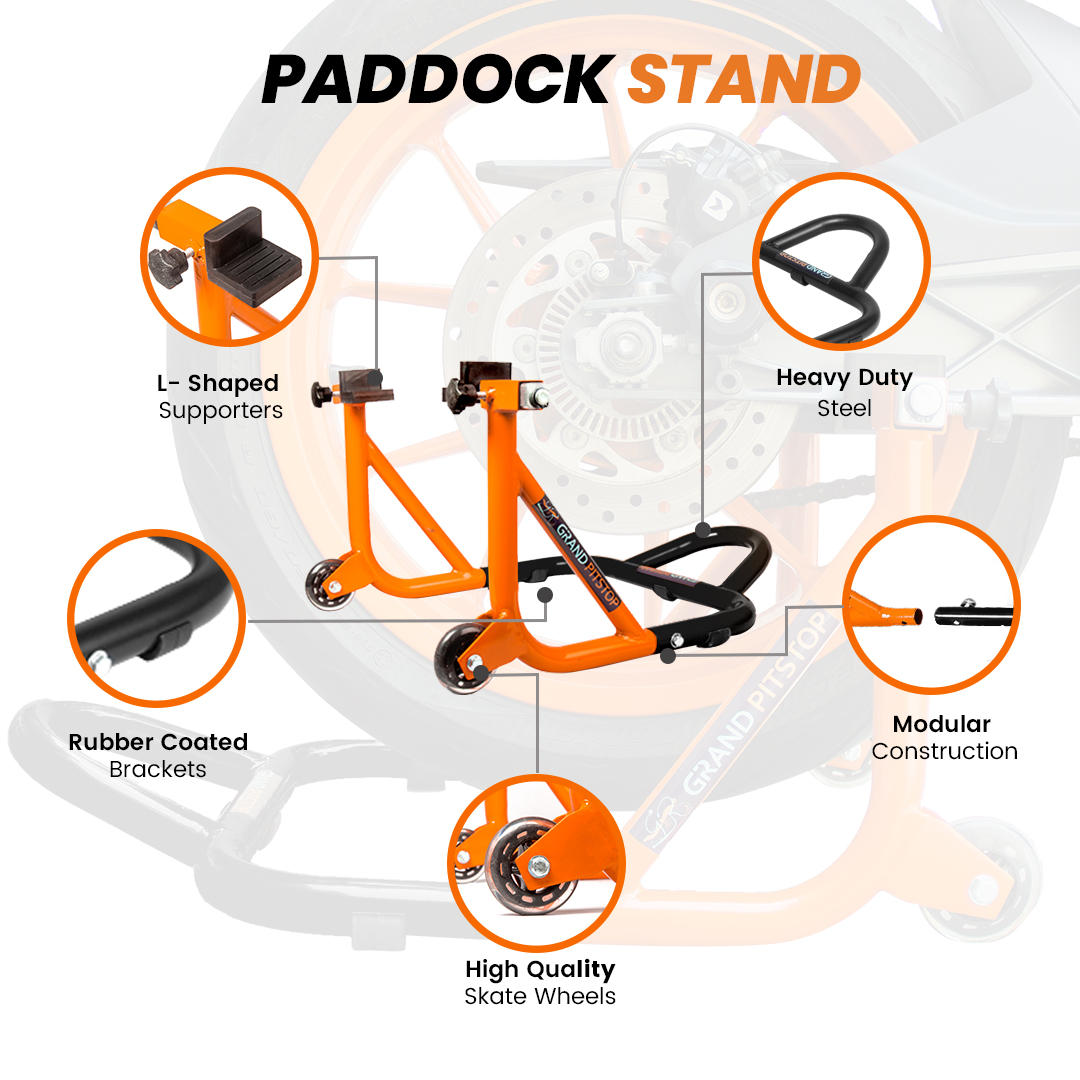 Dismantlable Rear Paddock Stand With 360 Rotation & Skate Wheels (Bike Wt upto: 450 kgs) - Black-Orange